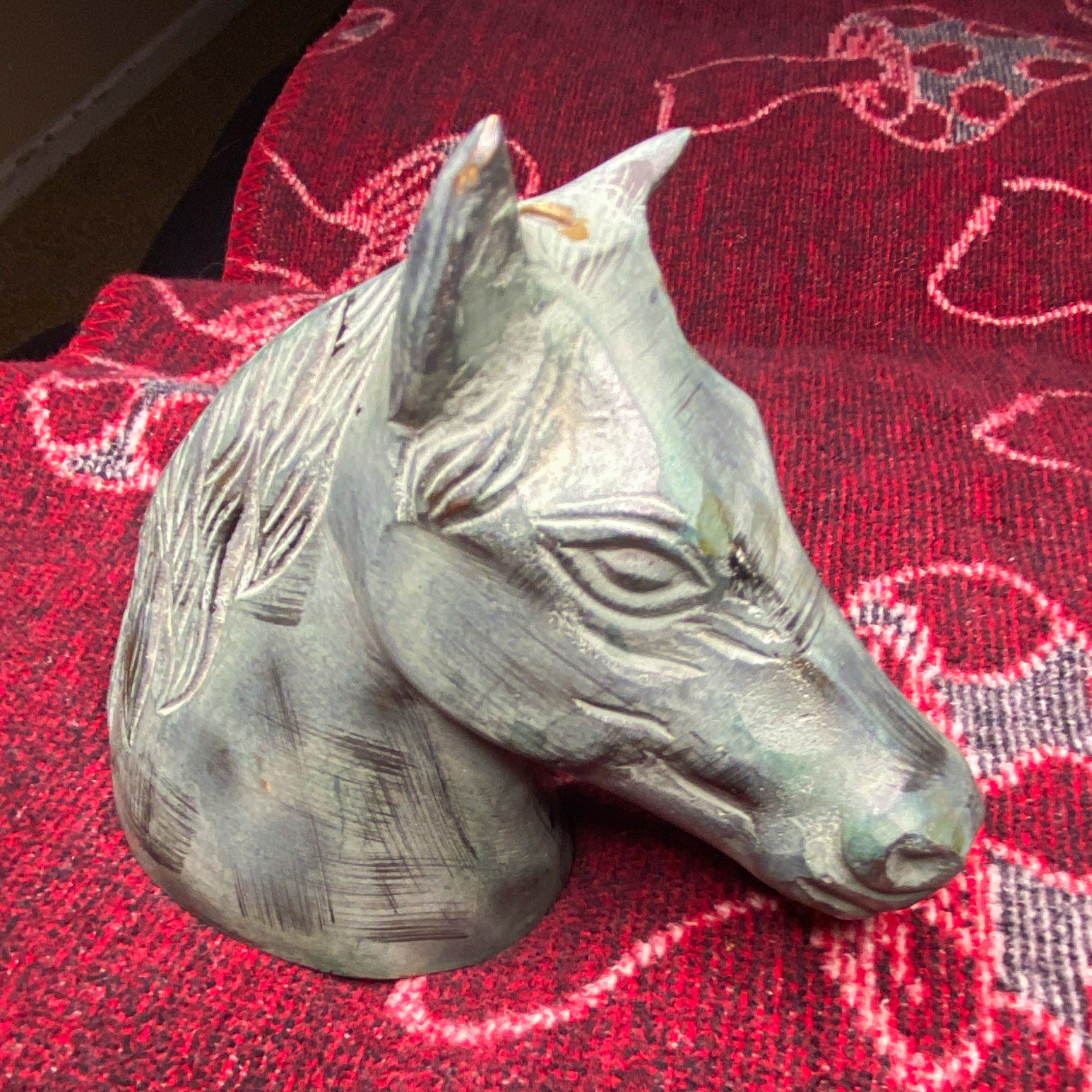 Horse Head Mold brass or copper metal green sculpture statue vintage or antique