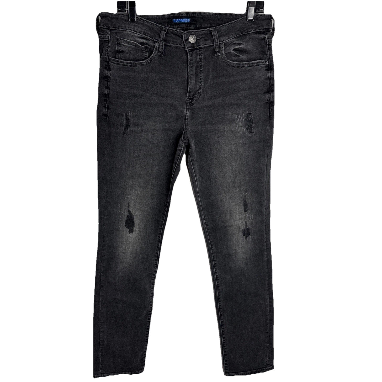 Express men’s distressed hyper stretch slim jeans Sz 33x31 Measured Grayish Blac Express men’s distressed hyper stretch slim jeans Sz 33x31 Measured Grayish Blac