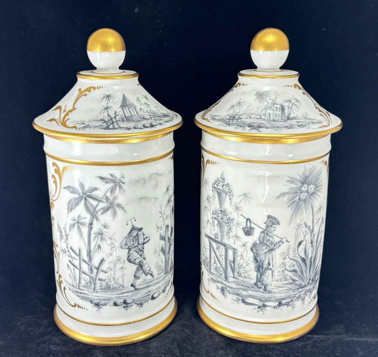 Set of 2 Antique French Porcelain Apothecary Jars - Hand Painted - Chinoiserie
