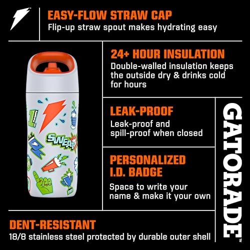 YELLOW - GATORADE KIDS' ROOKIE METAL WATER BOTTLE, 12OZ, STAINLESS STEEL BOTTLE,