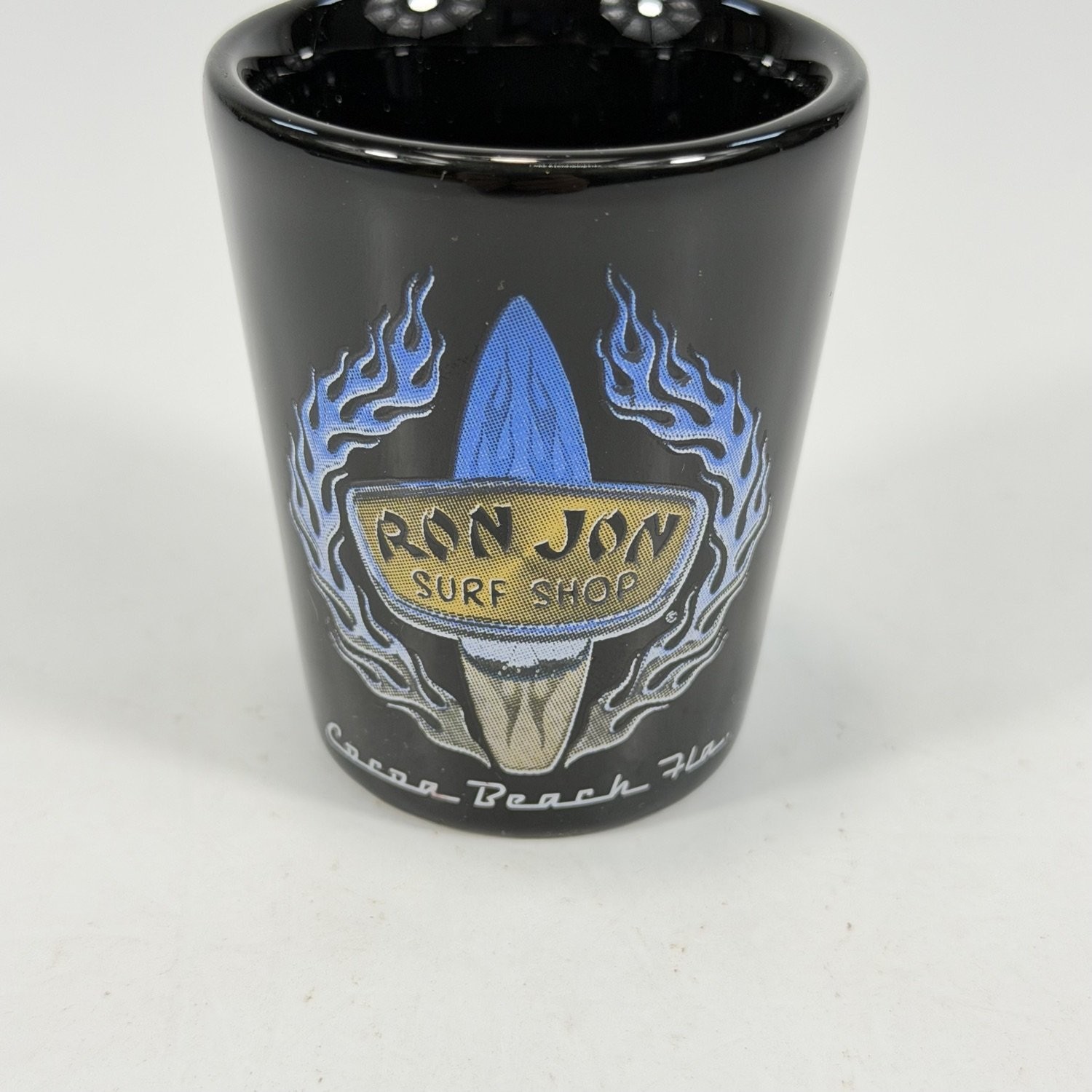 Vtg Ron Jon Surf Shop Cocoa Beach Fla. Souvenir Shot Glass 2.25 Black Ceramic