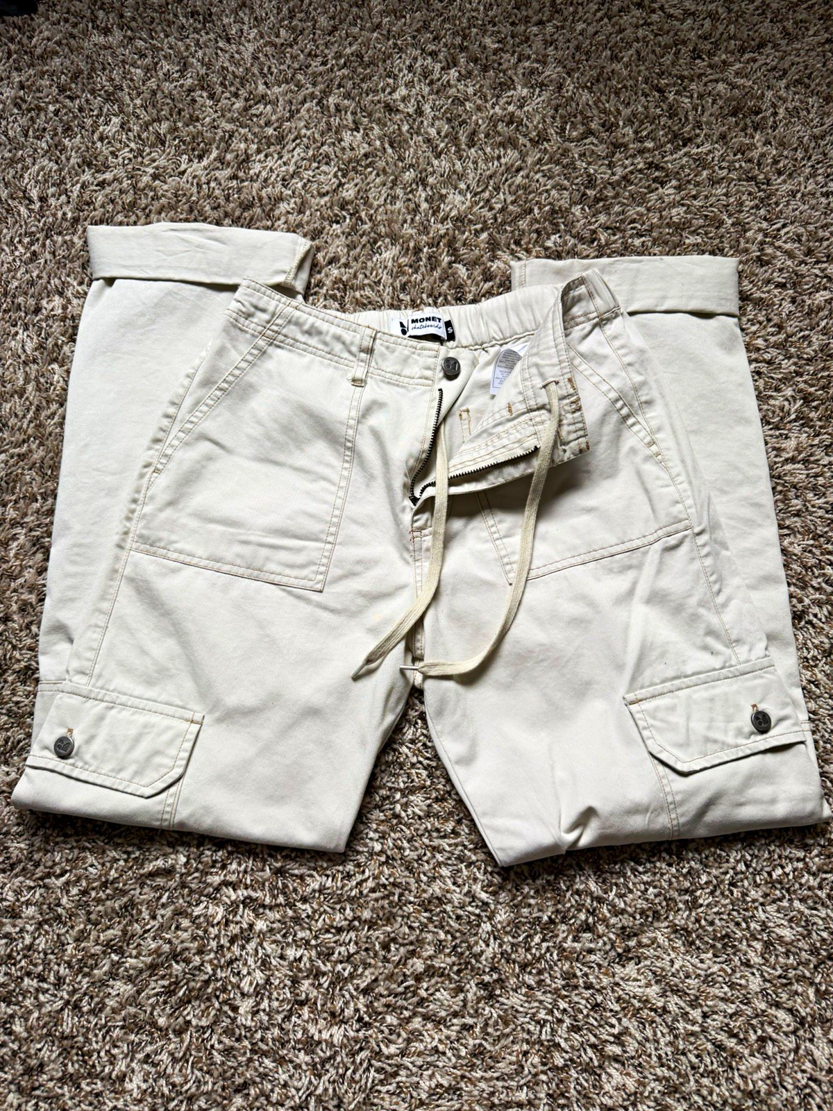 Monet Skateboards Women’s Beige Cargo Pants Drawstring Waist Pockets Button