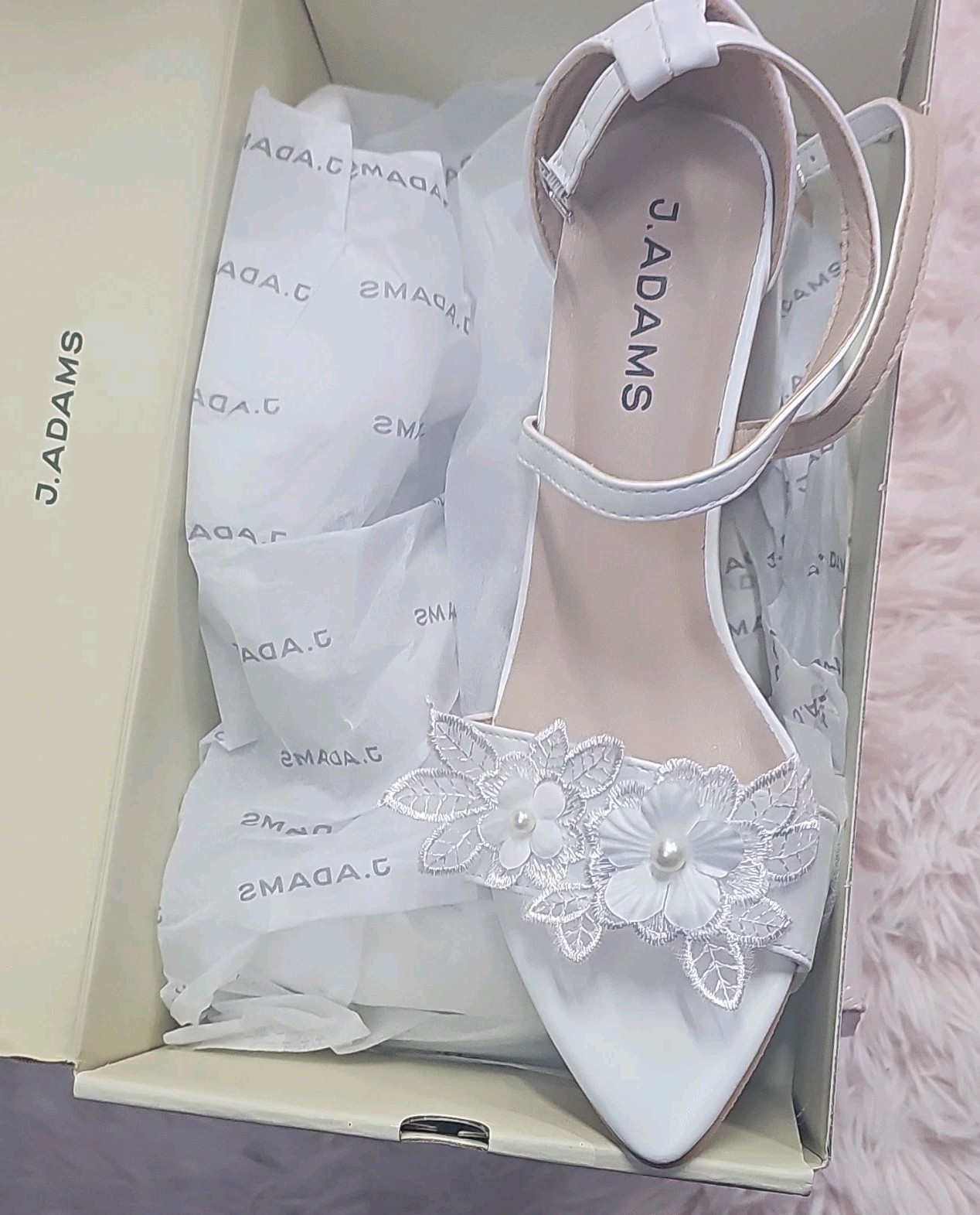 J. Adams White Pearl Floral Ankle Strap Pointed Toe Block Heels US 7.5