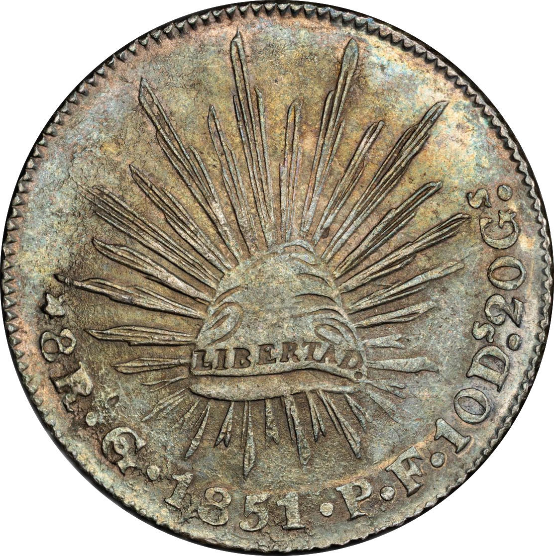 1851/0 Go PF PCGS AU58 Mexico 8 Reales, Guanajuato, Rainbow Tone, RARE Overdate