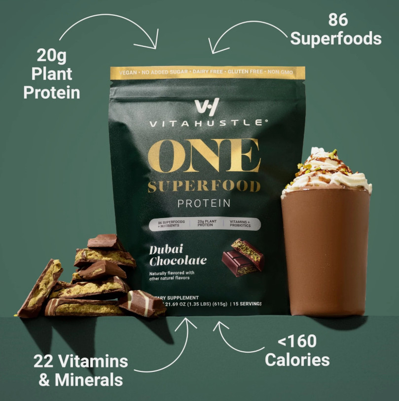 VitaHustle ONE Vegan Dubai Chocolate Protein Powder  20g Plant Protein EXP 04/28