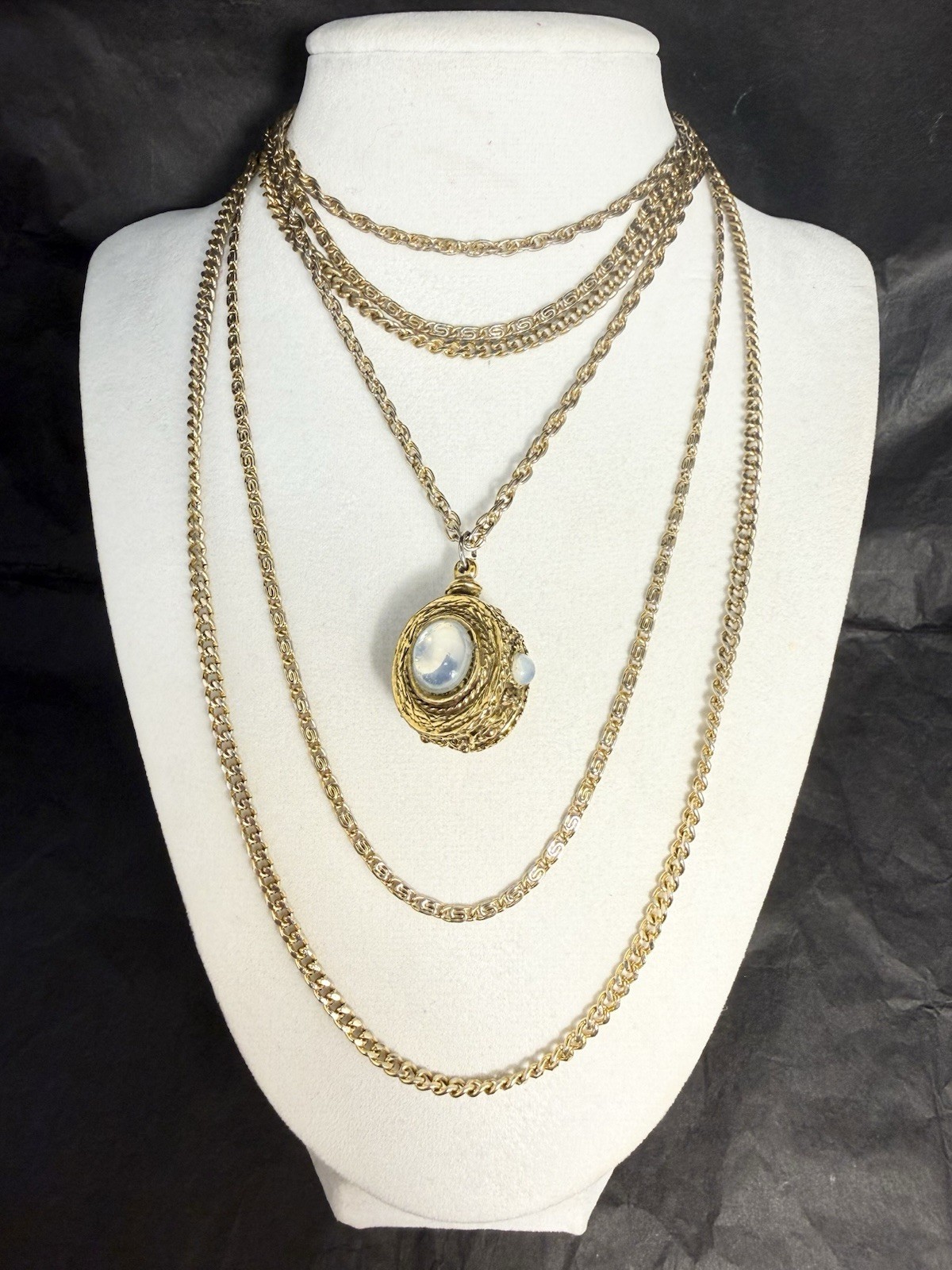 Vintage Signed Goldette Multi-Chain Faux Moonstone Pendant Necklace