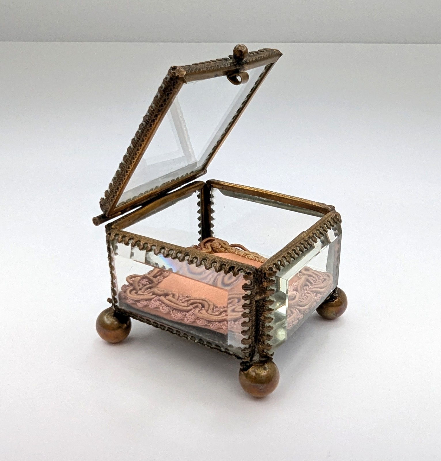 Antique Victorian Vitrine Glass Jewelry Casket Trinkit Box Silk Cushion c1900