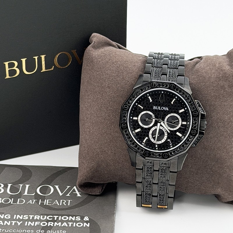 Bulova Men Octava Crystal Black Dial Black Steel 98C134 Quartz Watch 41.5mm New