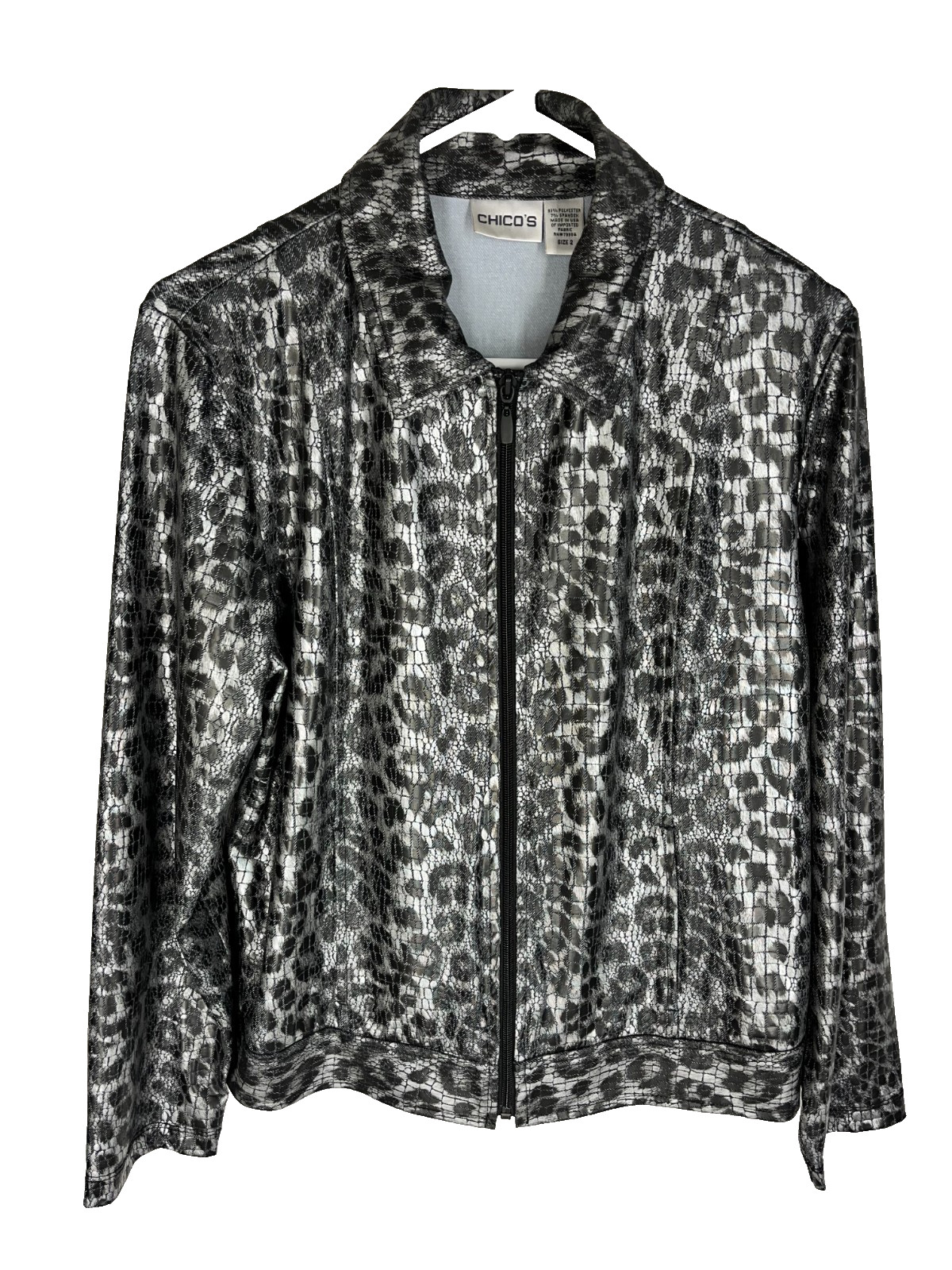 CHICO\'S Jacket Size 2 Womens Large Silver Stretch Snakeskin Print Full Zip NEW CHICO\'S Jacket Size 2 Womens Large Silver Stretch Snakeskin Print Full Zip NEW