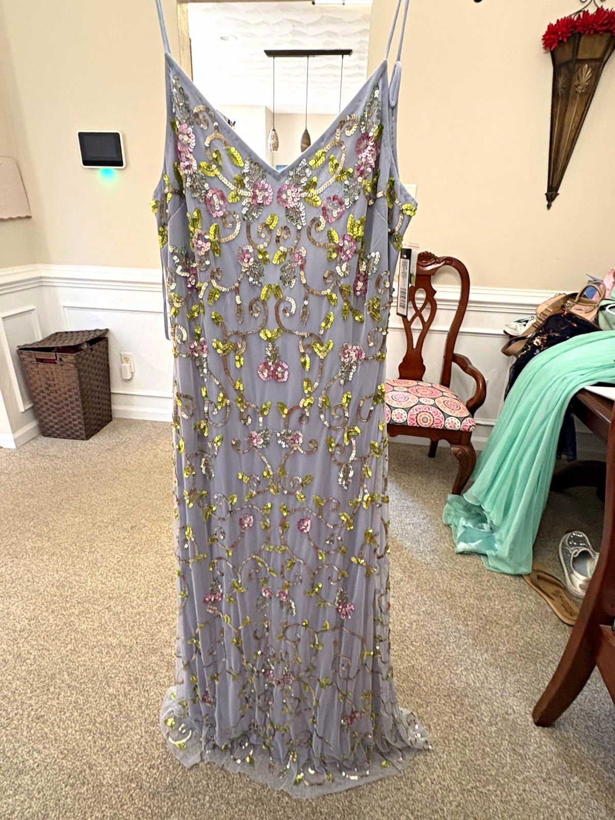 Jump Apparel 13640 Blue Floral Sequin Beaded V-Neck Long Gown Size 10 Jump Apparel 13640 Blue Floral Sequin Beaded V-Neck Long Gown Size 10