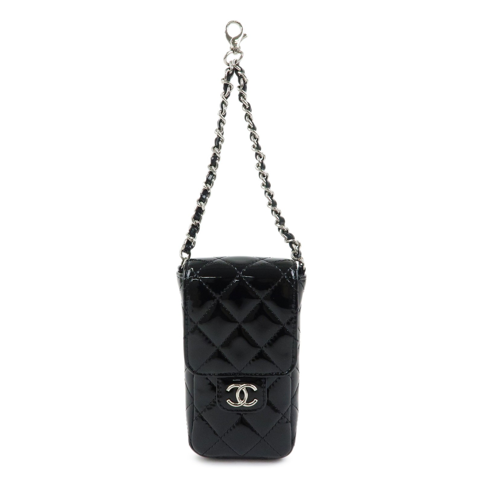 CHANEL Matelasse COCO Mark Patent Leather Phone Case Pouch Black Auth Used F/S