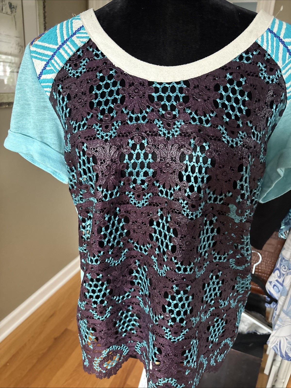 Vintage Custo Barcelona Blue purple lace front Short Sleeve Shirt 2/M linen New Vintage Custo Barcelona Blue purple lace front Short Sleeve Shirt 2/M linen New