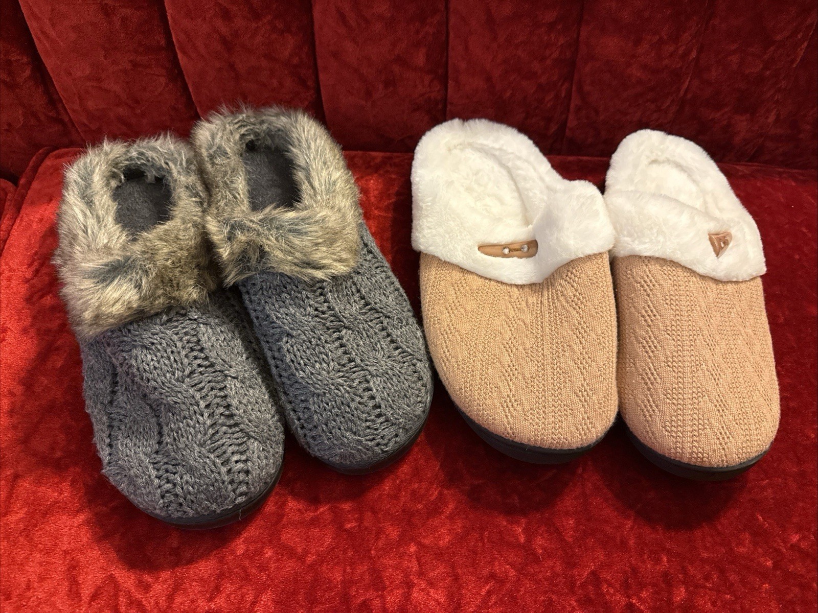 NWT women\'s Grey + Tan Ultraideas cable knitted cushioned slippers Sz XL 11-12