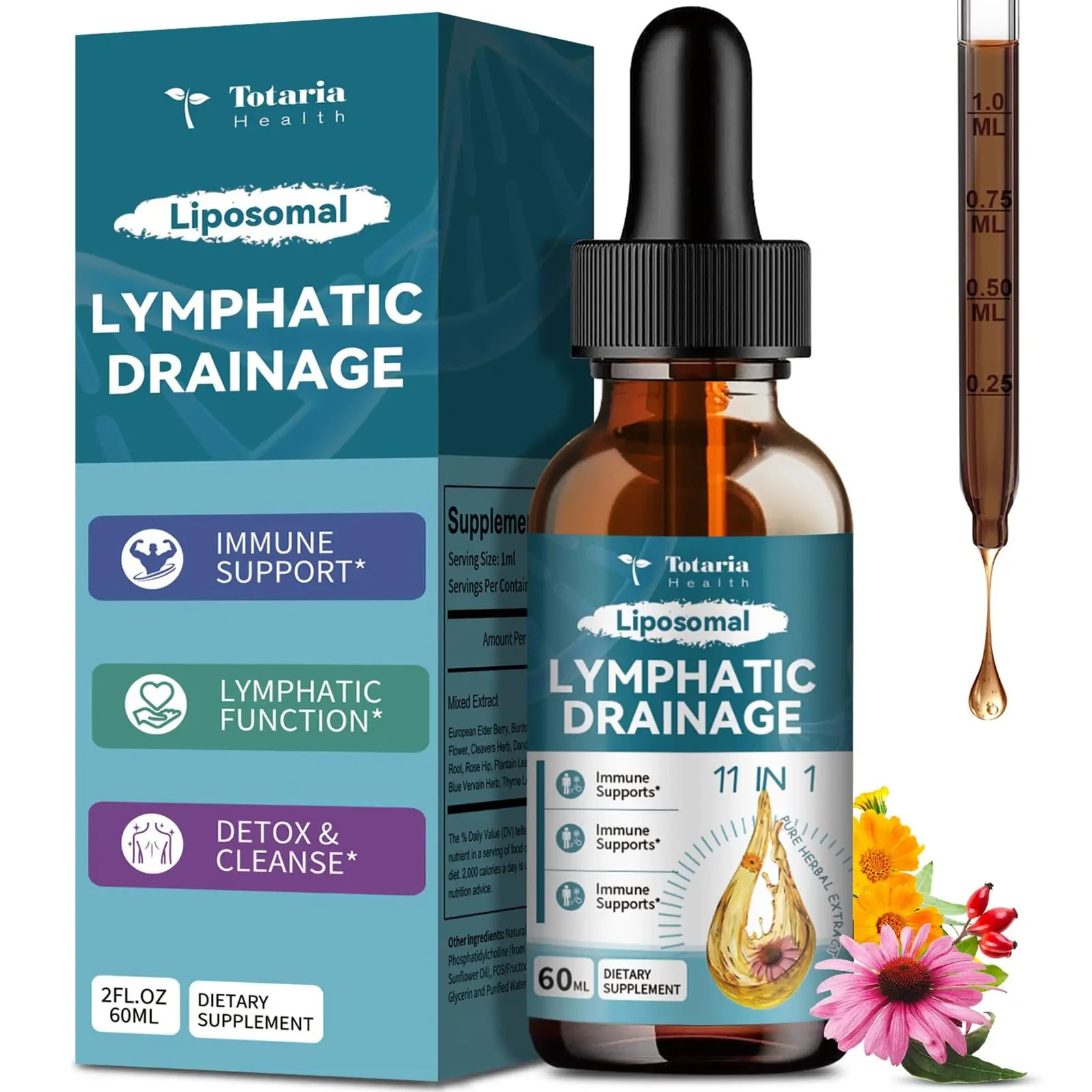 Totaria Liposomal Lymphatic Drainage Drops 11-in-1 Herbal Lymph Detox 60ml