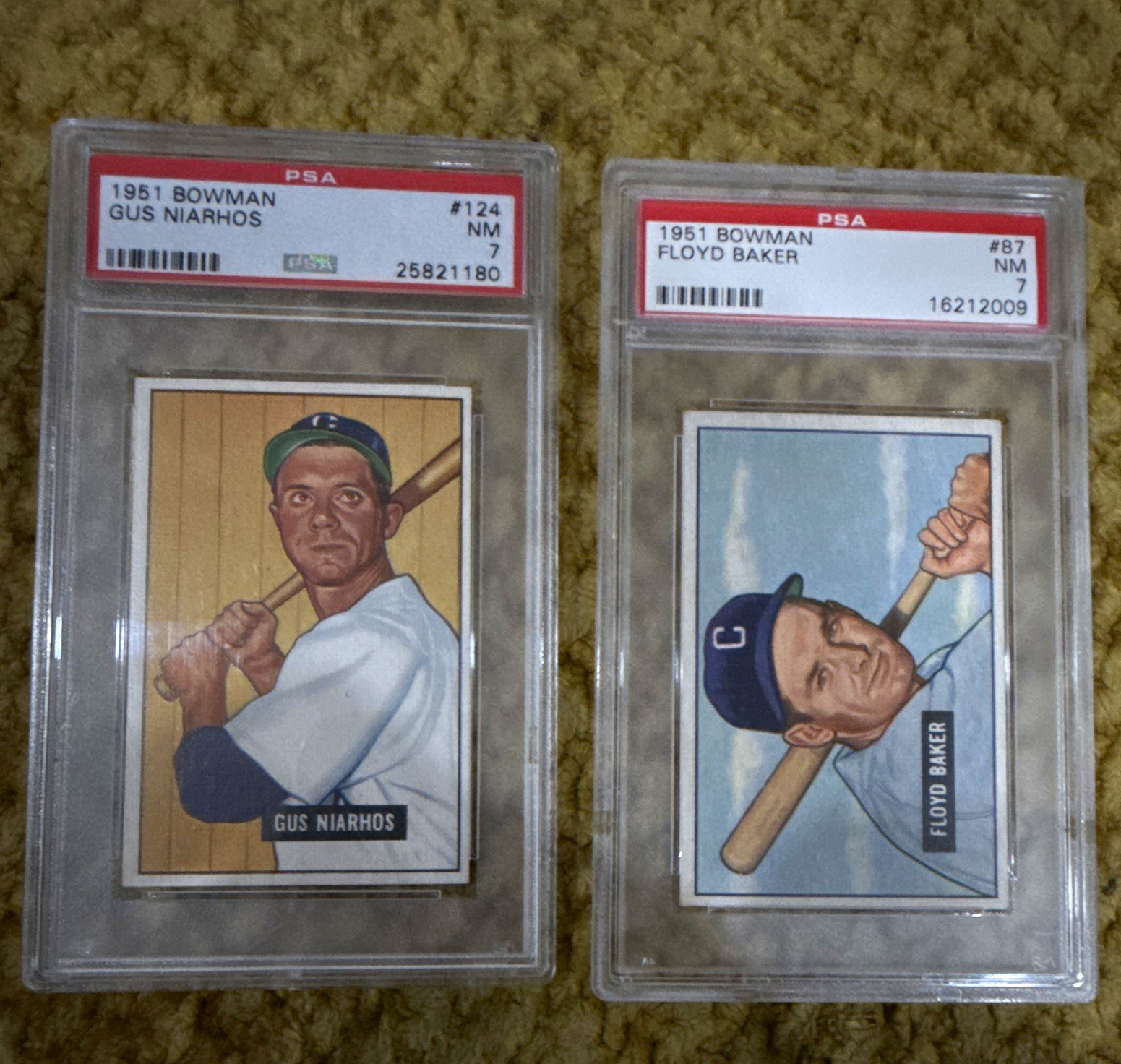 1951 Bowman Lot of PSA #7 Graded - Gus Niarhos #124, Floyd Baker #87. Set break