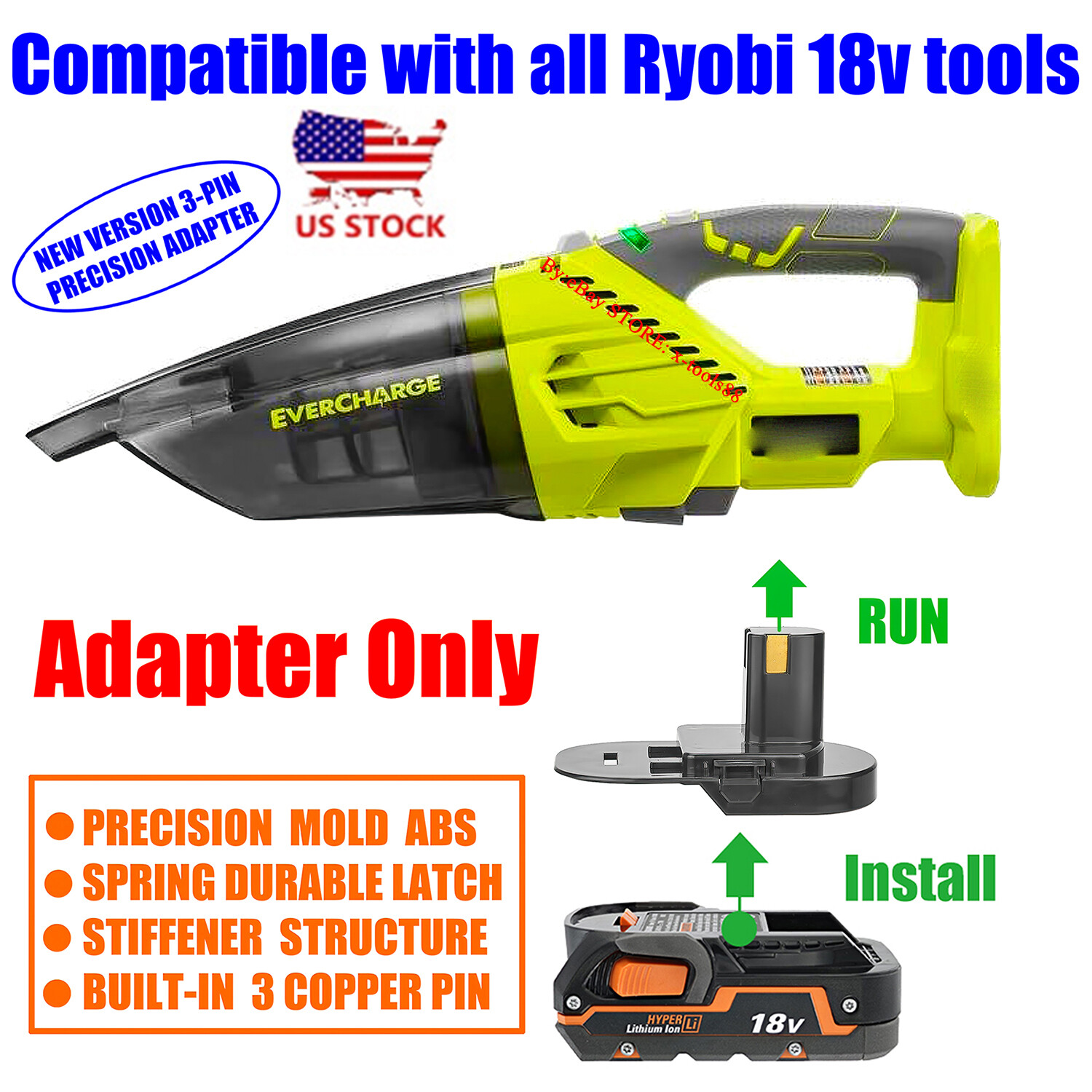 1x Adapter fits Ridgid 18v Batteries to for Ryobi 18v Tools-Adapter Only 