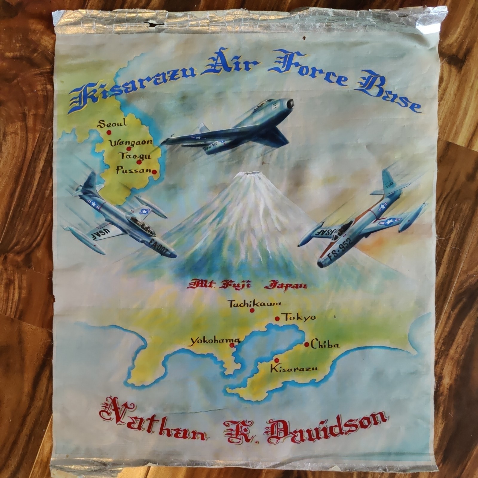 VTG 1950s Korean War USAF Kisarazu Air Force Base Japan Hand Painted Silk Banner