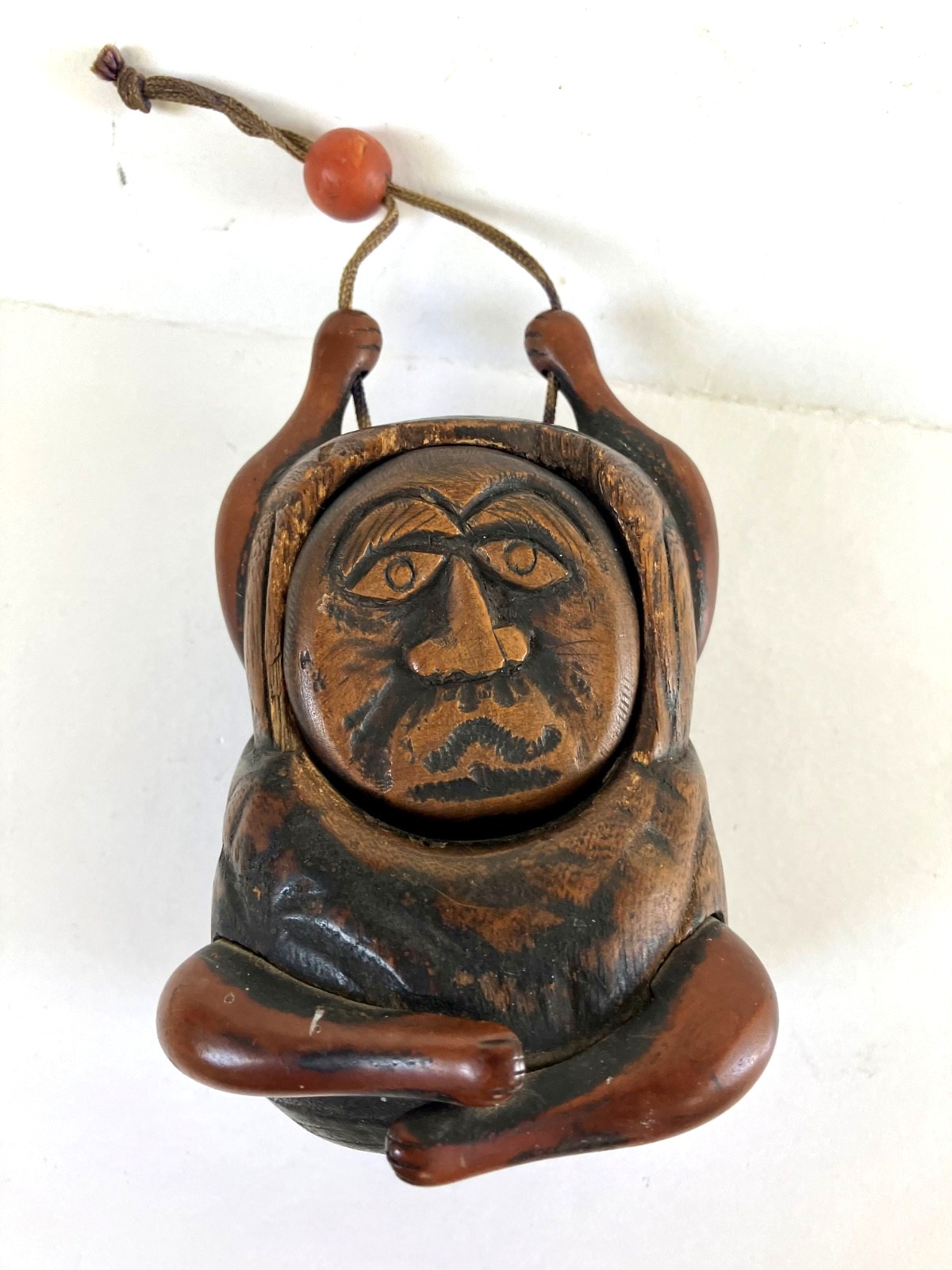 Vintage Japanese Wood  Tonkotsu Tobacco Box Container Daruma Figure with Ojime