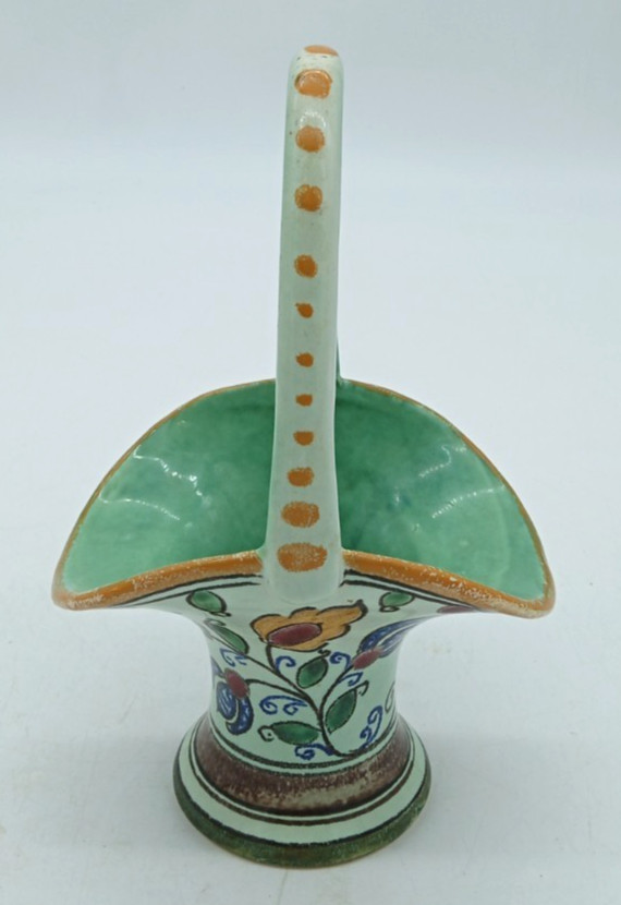 Vintage Art Pottery Gouda Zuid Holland Perzo Floral Earthenware Basket Signed 8\