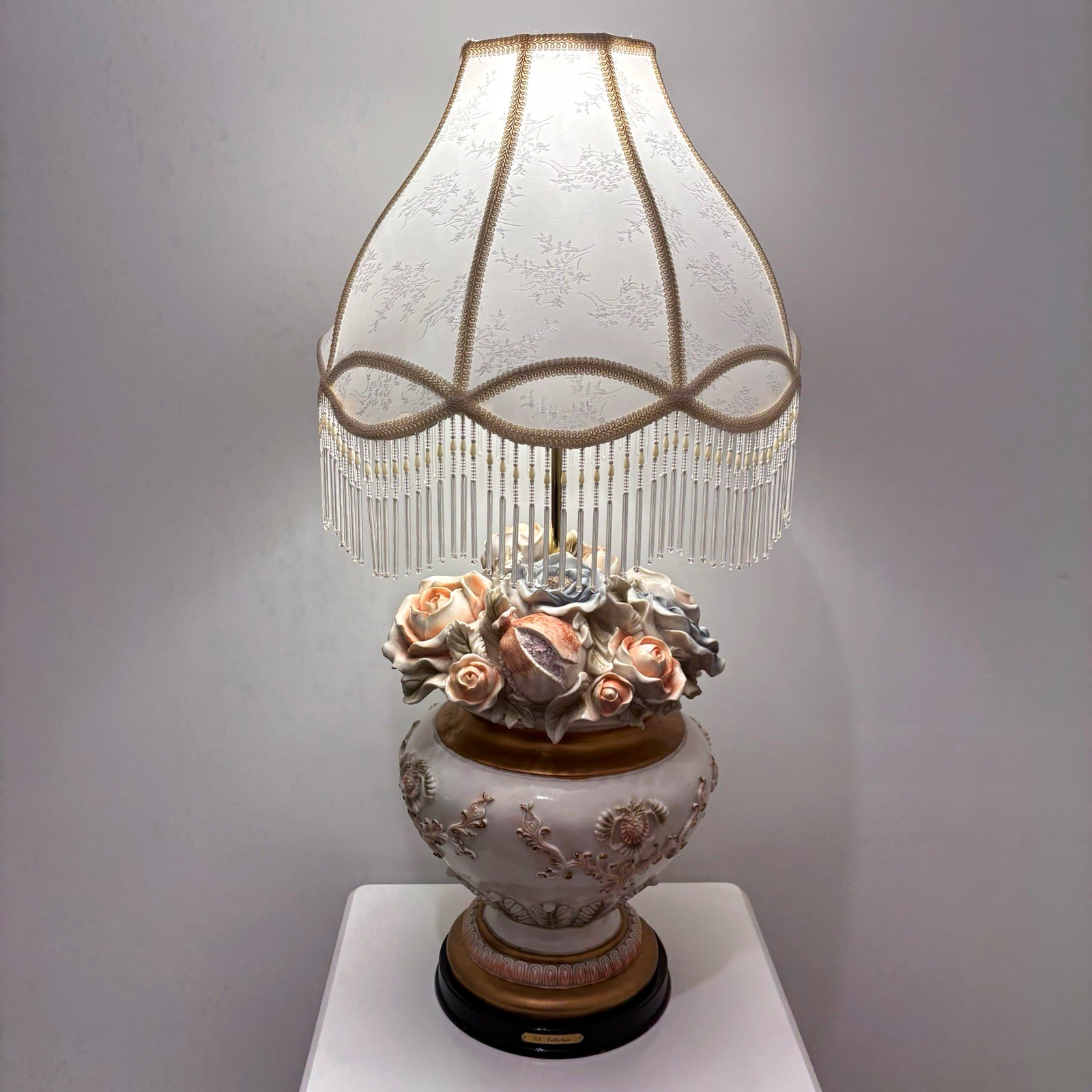 OK Collection Vintage Rare Floral Table Lamp w/ Fringed Shade Cream Blue Peach