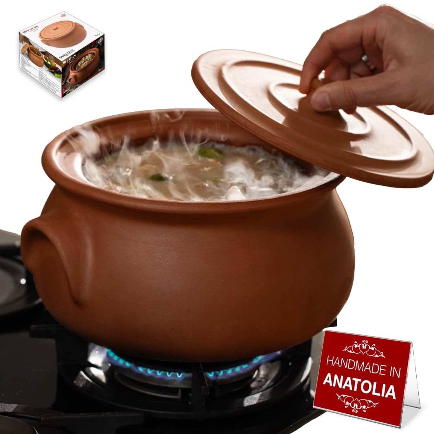 Hakan Suphan Handmade 4.7-Quart Midi Clay Cooking Pot with Lid, Natural Ungla...
