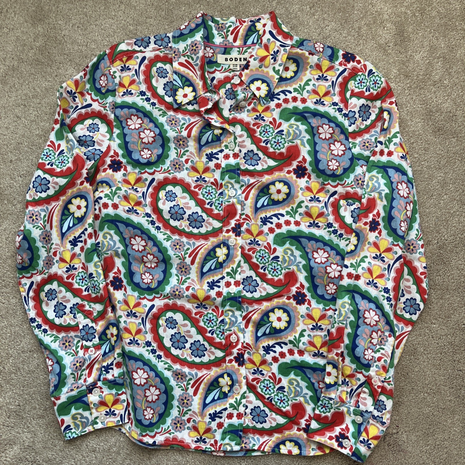 BODEN Sienna Linen Button Up Shirt Womens 12R Paisley Bold Preppy Sustainable