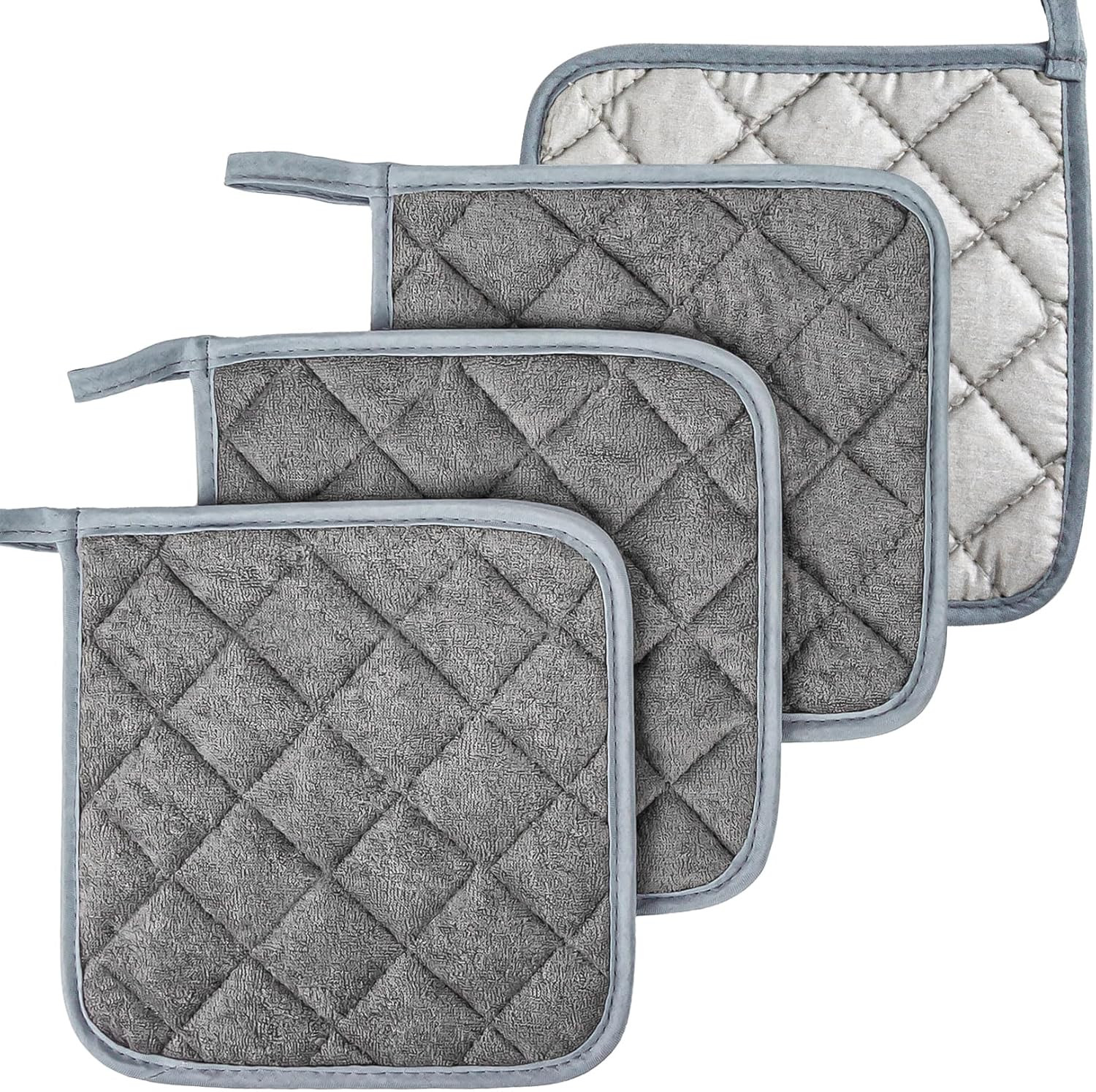 4 Pack Gray Cotton Pot Holders Heat Resistant Terry Cloth Hot Pads 7x7 Inch