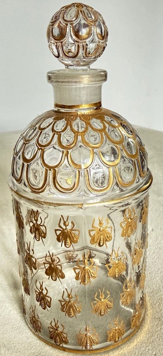 Guerlain Glass Decorative Perfume Bottle w/ Stopper Gold Floral Design