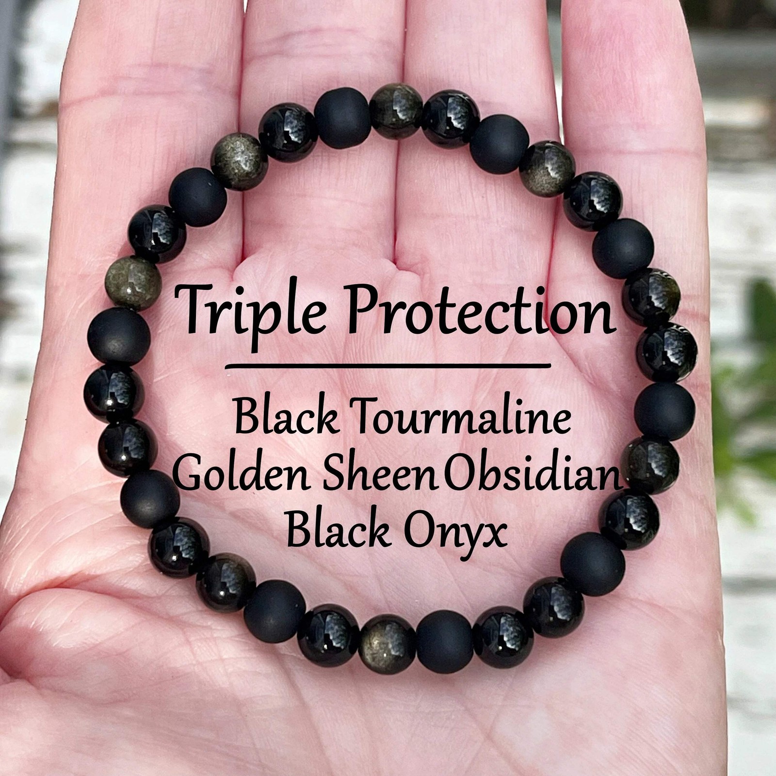 Triple Protection Bracelet, Black Natural stone bracelet, Golden obsidian Bracel