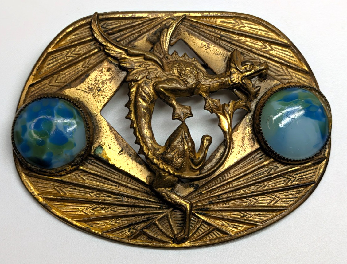 Antique Art Nouveau Czech Glass Griffin Wyvern Dragon Brass 2 3/8\