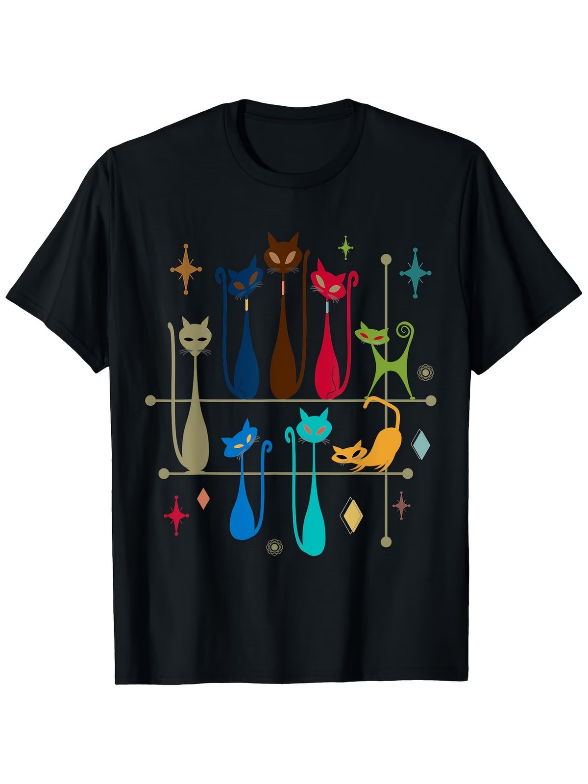 Retro Cat Graphic Tee for Both Genders, Mid-Century Modern Design, Round Collar, Retro Cat Graphic Tee for Both Genders, Mid-Century Modern Design, Round Collar,