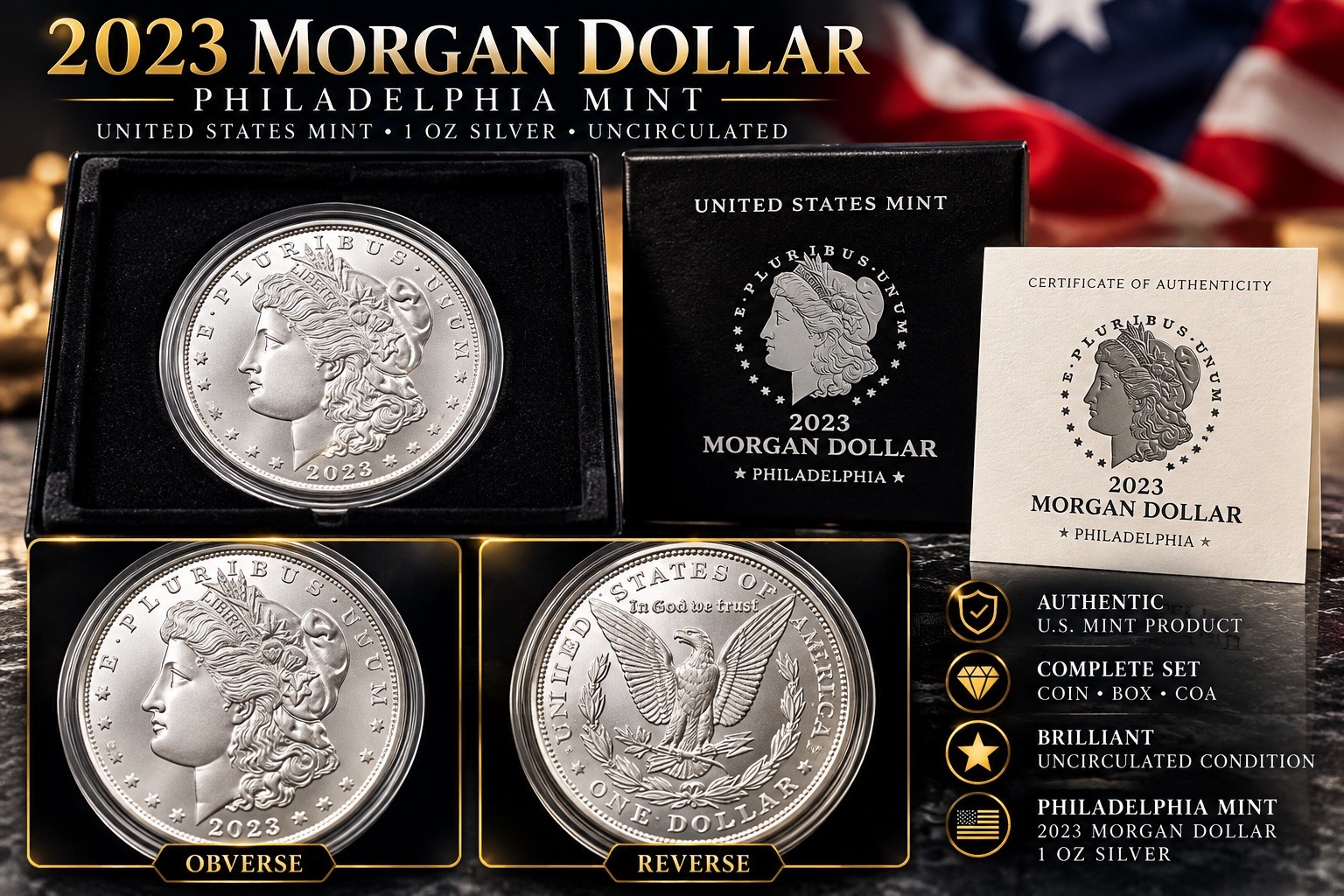 2023-P MORGAN SILVER DOLLAR S$1 PHILADELPHIA w/ BOX & COA UNC