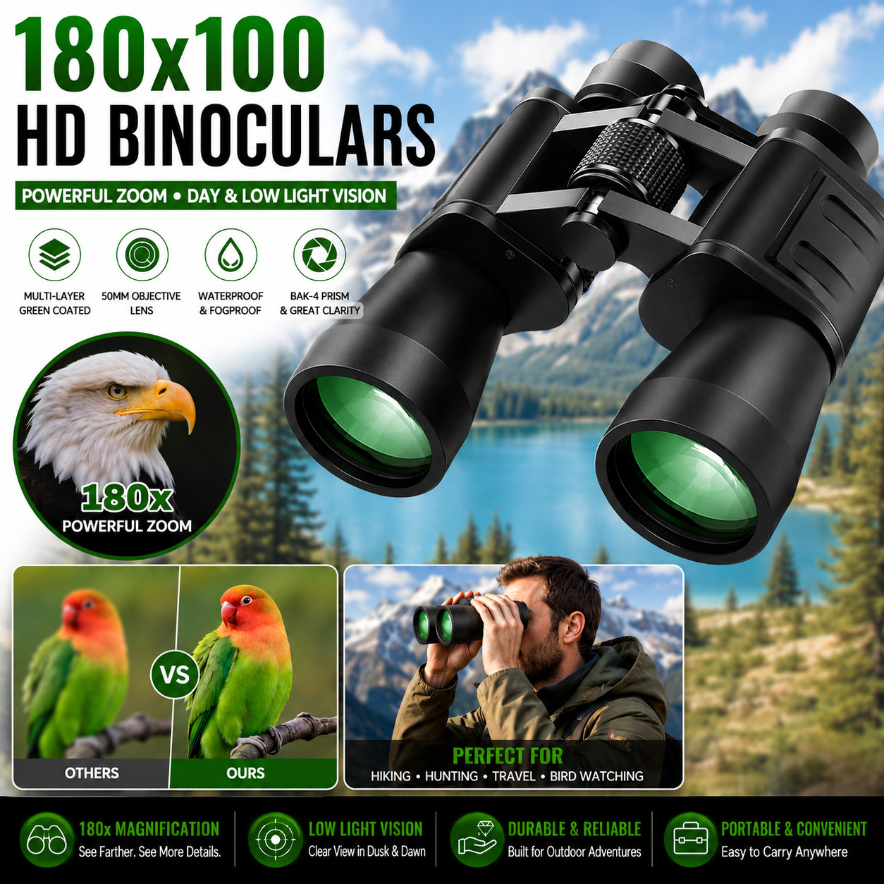 180x100 HD Military Zoom Powerful Binoculars Day/Low Night Optics Hunting & Case