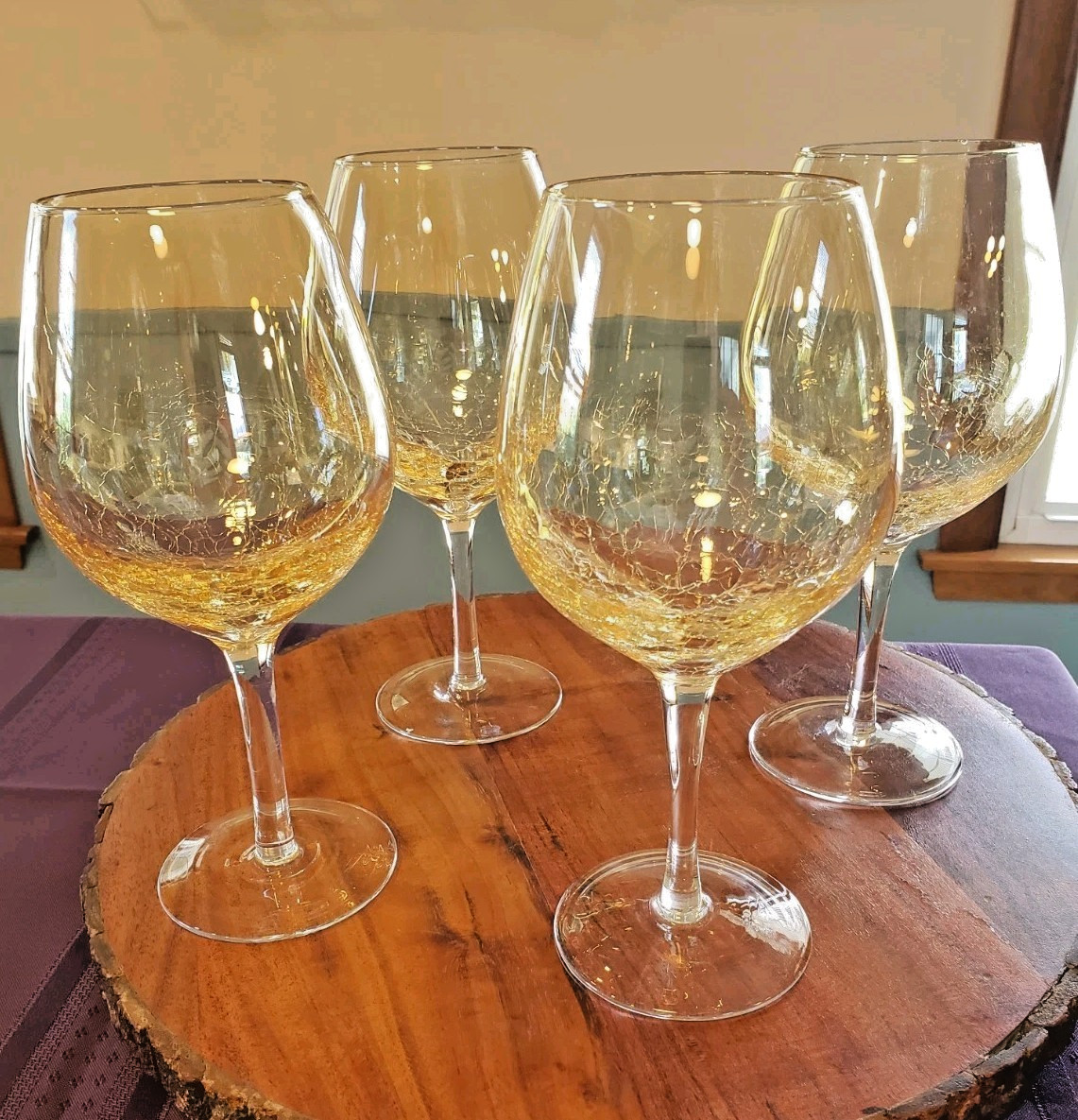 Set 4 Pier 1 Crackle Amber Golden Balloon Stemmed Glasses Red Wine Goblet 8.5”