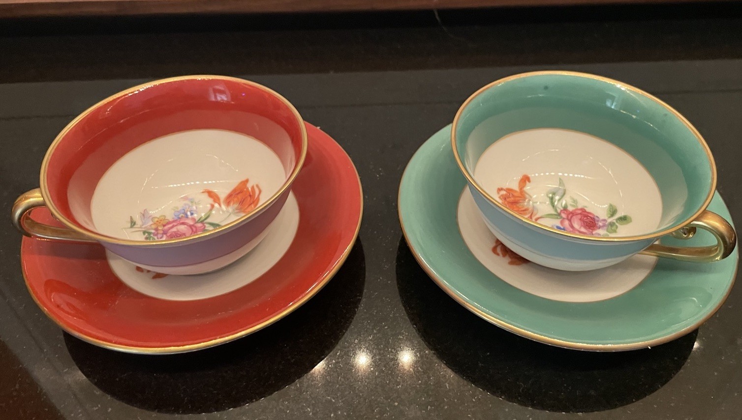 Vintage Teacups & Saucers ROSINA LIMOGES G N  Bone China Set of 2 Gold Trim