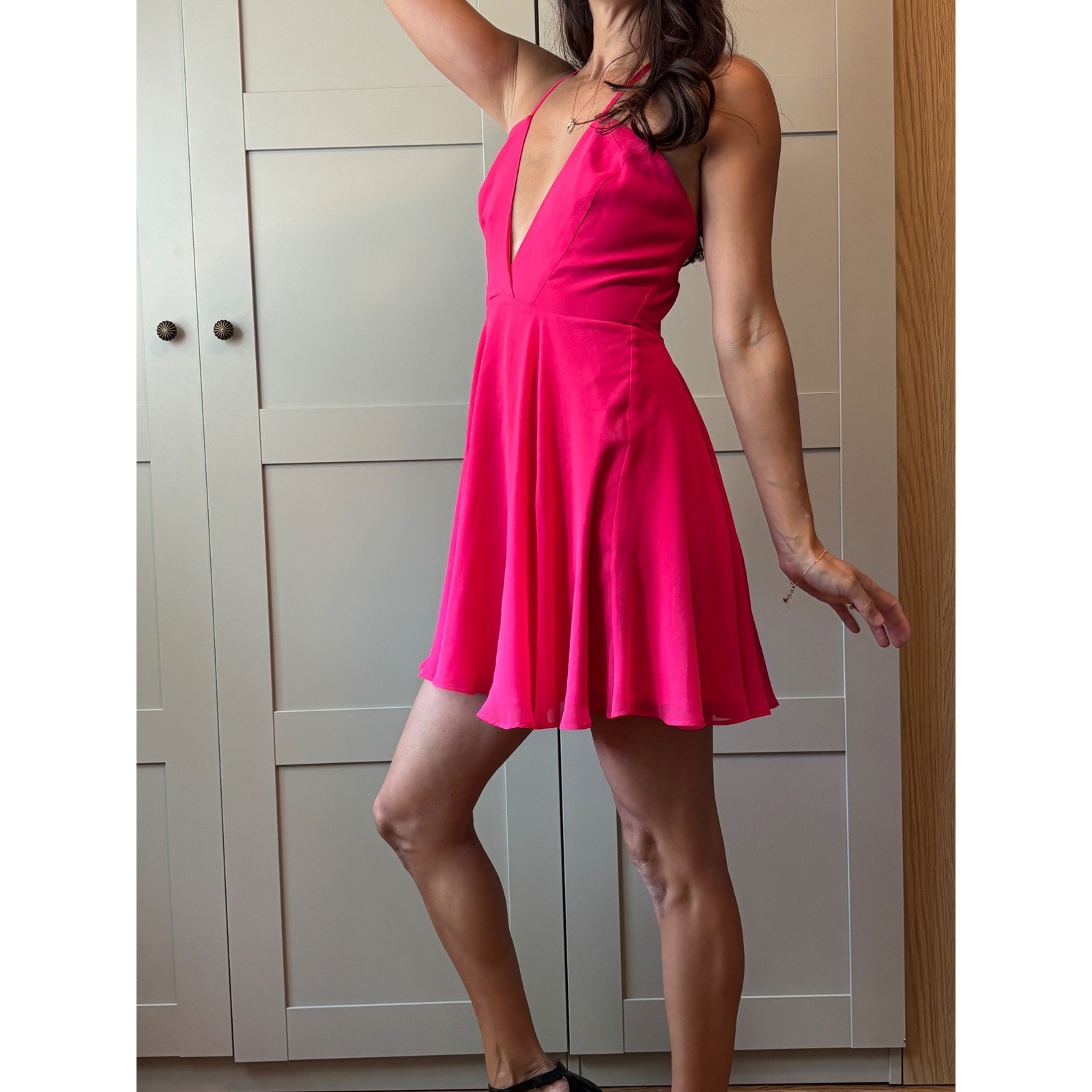 Bebe Women\'s Y2K Hot Pink Deep V-Neck Babydoll Homecoming Mini Dress Womens 0 Bebe Women\'s Y2K Hot Pink Deep V-Neck Babydoll Homecoming Mini Dress Womens 0
