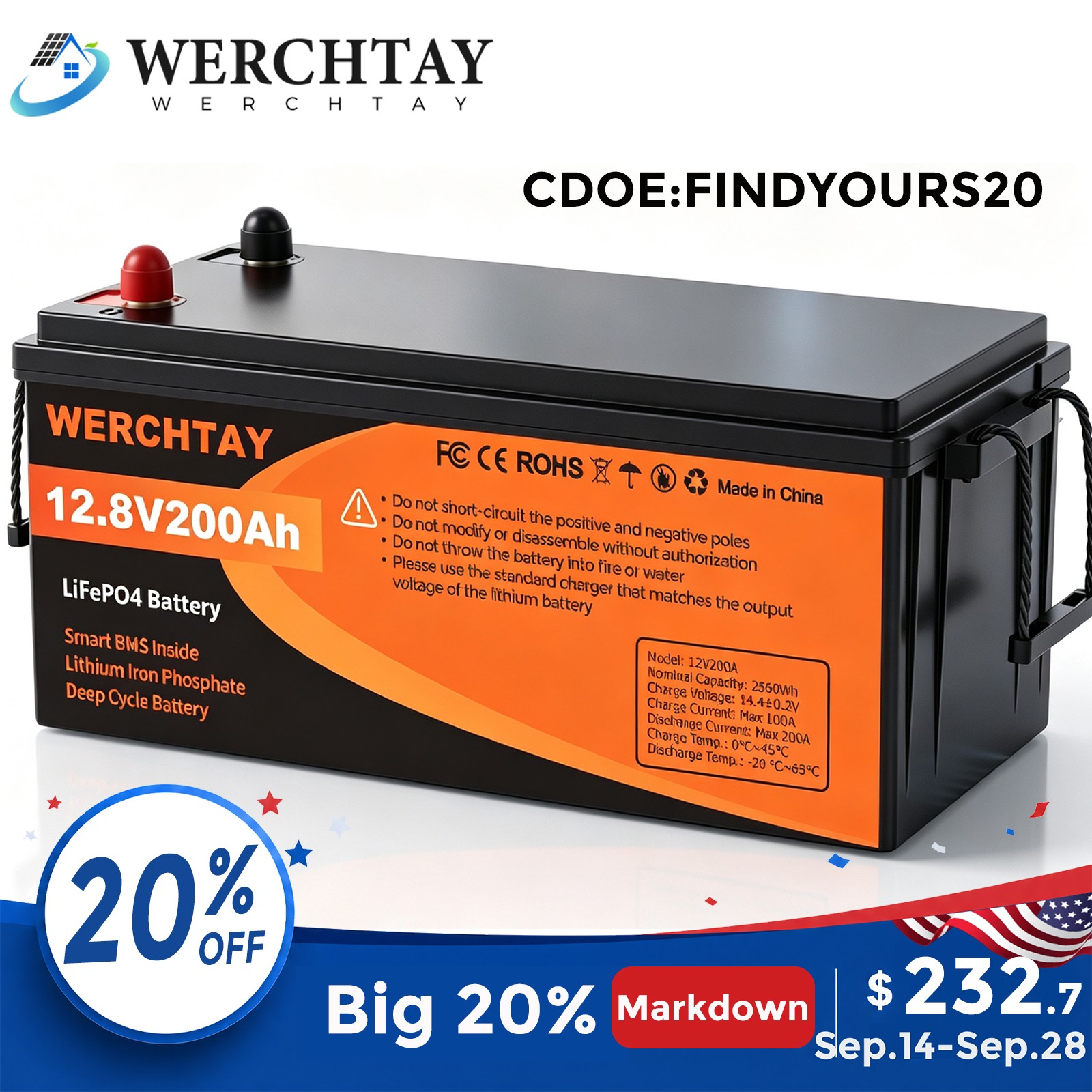 12V 200Ah LiFePO4 Lithium Battery Deep Cycle 2560Wh 200A BMS for RV Off-grid