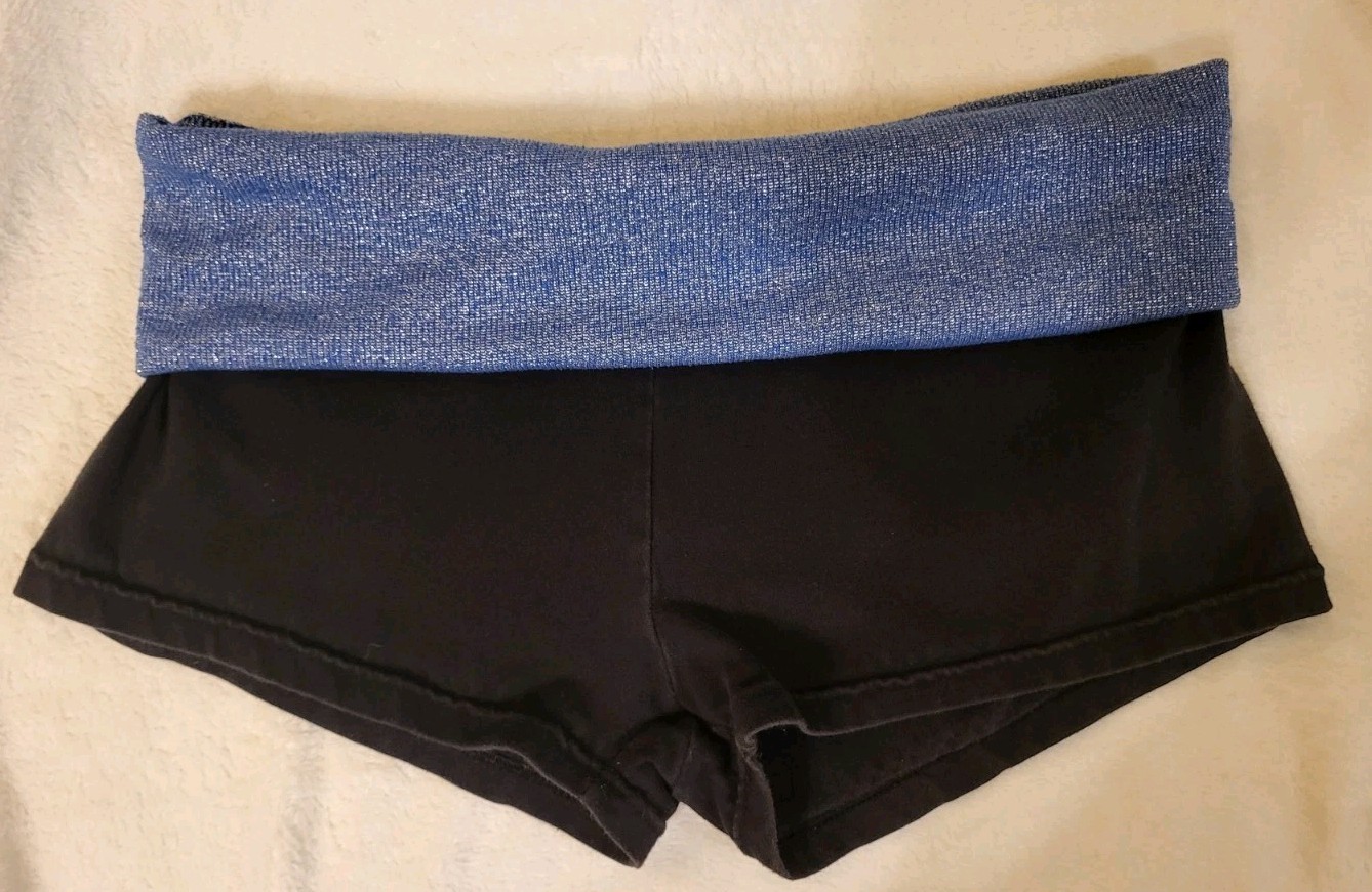 RARE Aerie Slim Gym Yoga Shorts W/ Metallic Blue Sparkly Foldover Waistband M