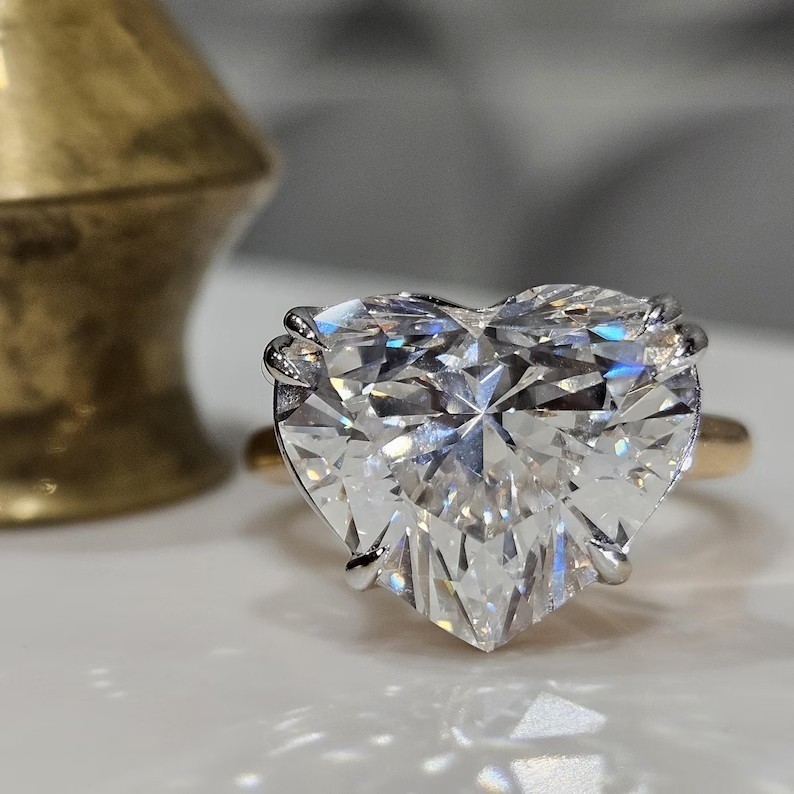 RARE 11.80 Ct Certified Heart Cut Solitaire White Diamond 925 Silver Ring 
