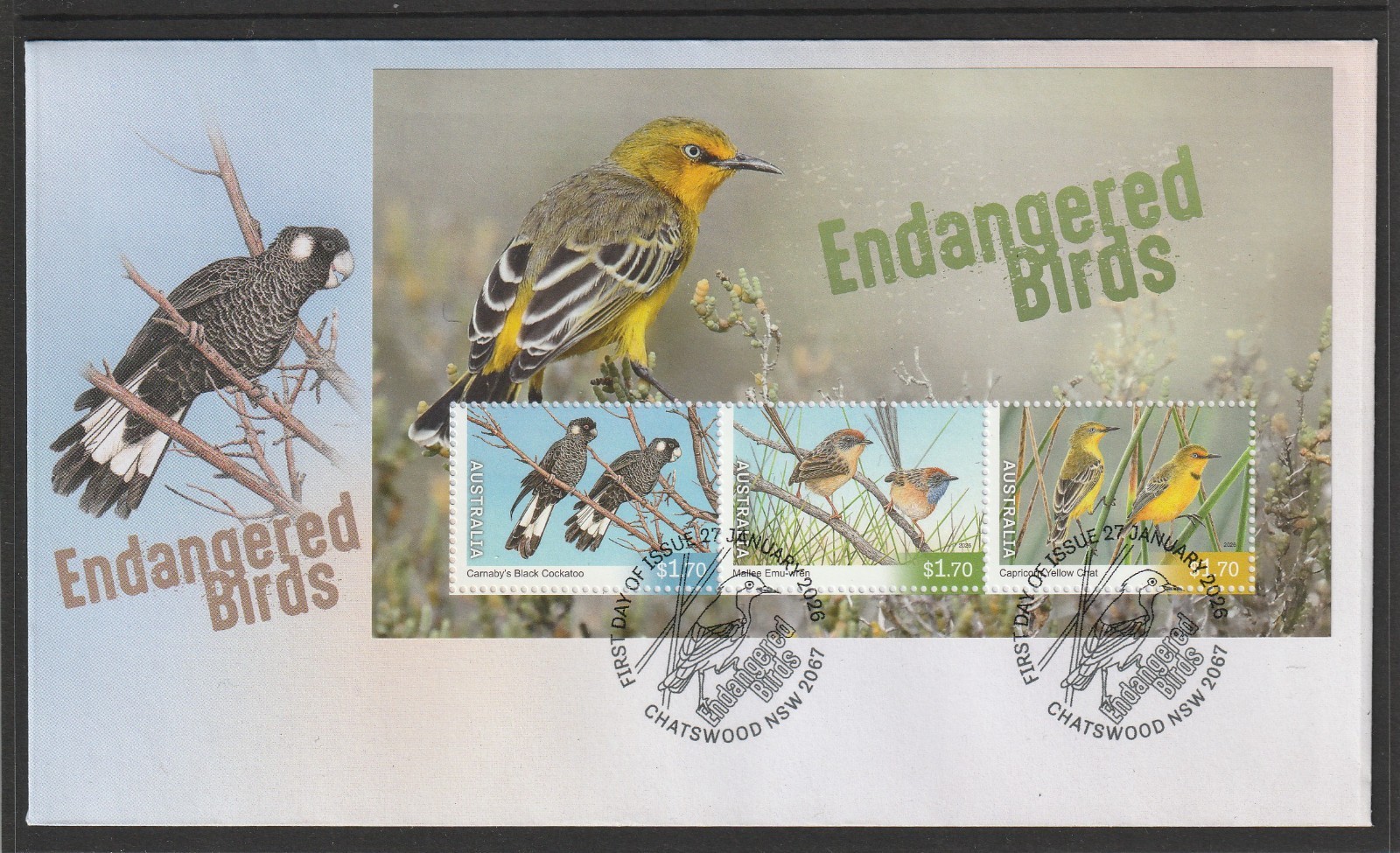 Australia 2026: Endangered - Birds First Day Cover with Mini-Sheet - Fine Used.