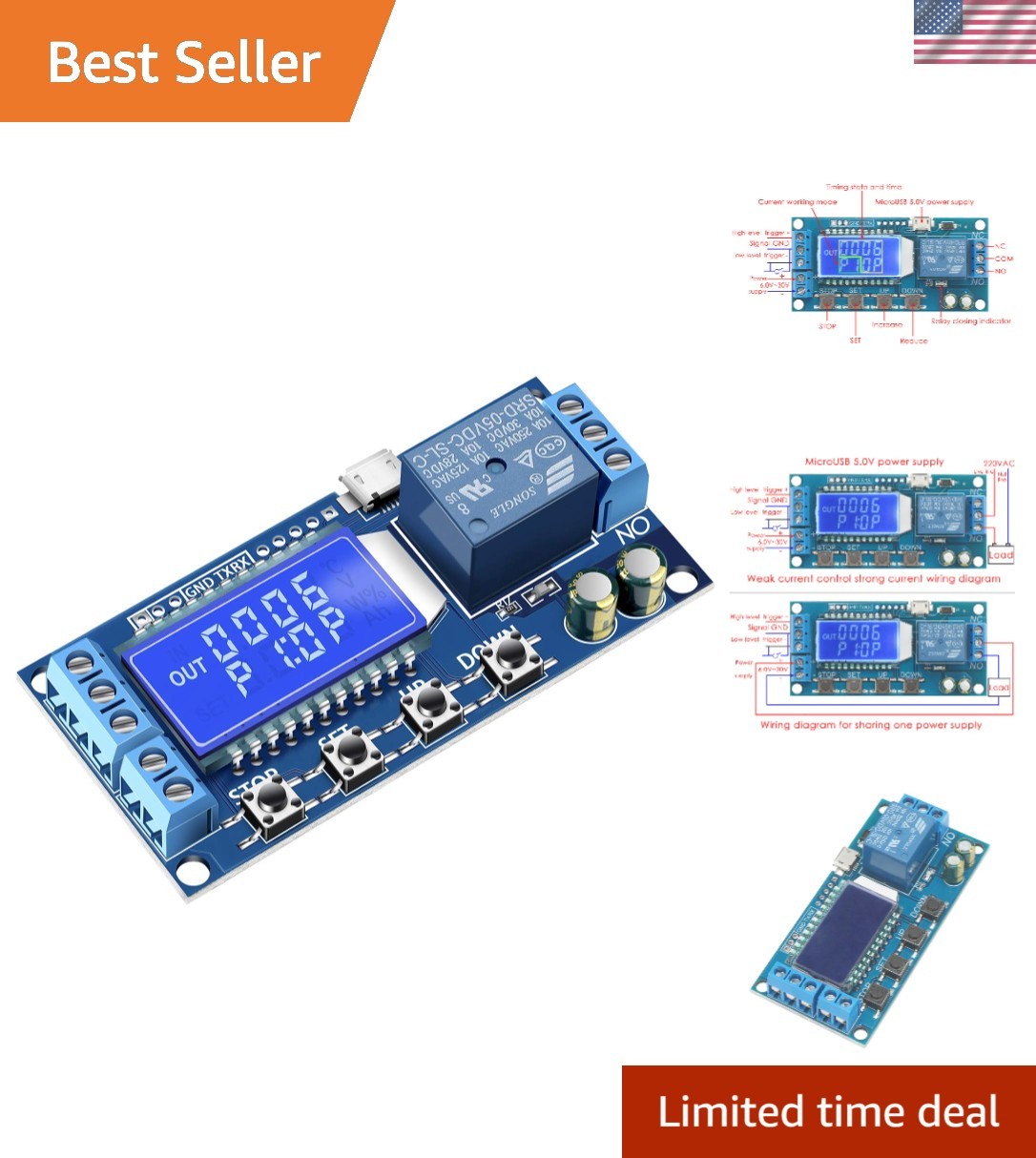 Versatile 5V/12V/24V Timer Relay Switch with LCD Display - Adjustable Delay
