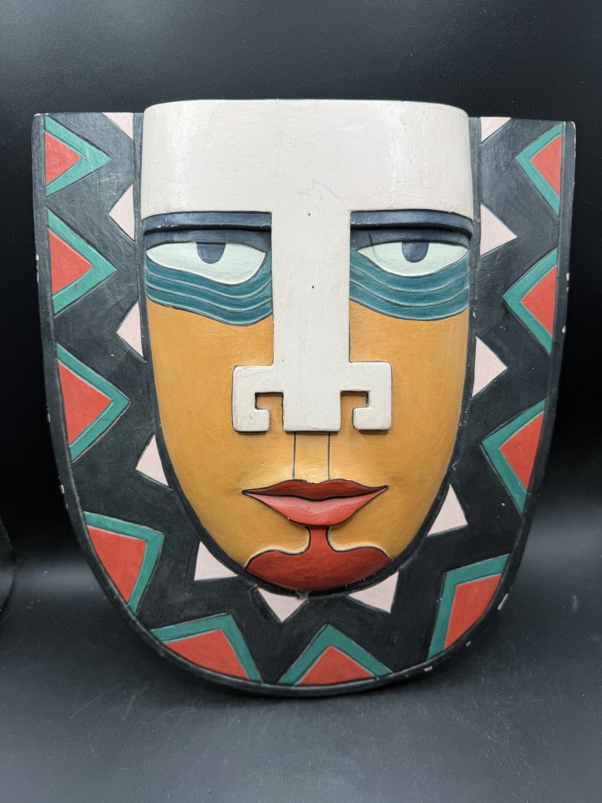 Vintage Hand Carved Painted Wood Wall Mask Geometric Mayan Inca Folk Art 12