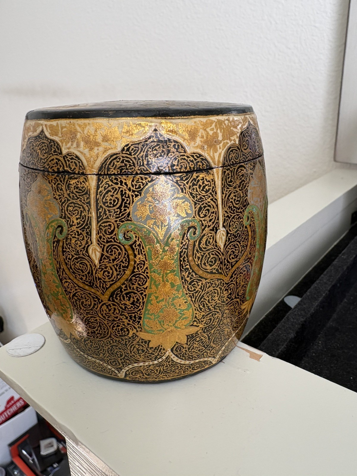 Beautiful Antique Late 19th Century Kashmir Paper Mâché Tobacco Canister Beautiful Antique Late 19th Century Kashmir Paper Mâché Tobacco Canister