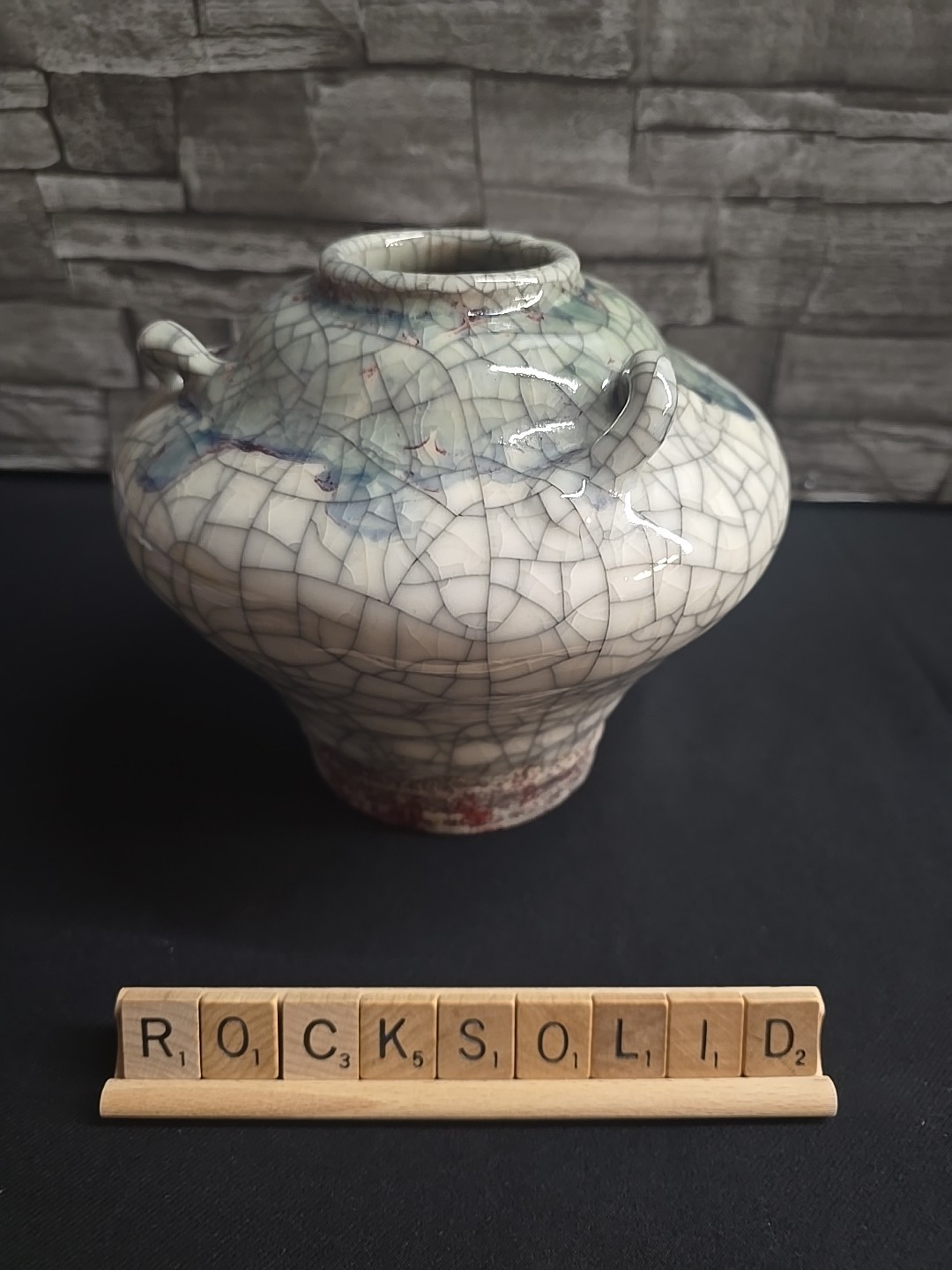 RARE ANTIQUE JAPANESE VASE - BLUE GREY CRACKLE - UNIQUE WORK BY ISHIGURO KOKO