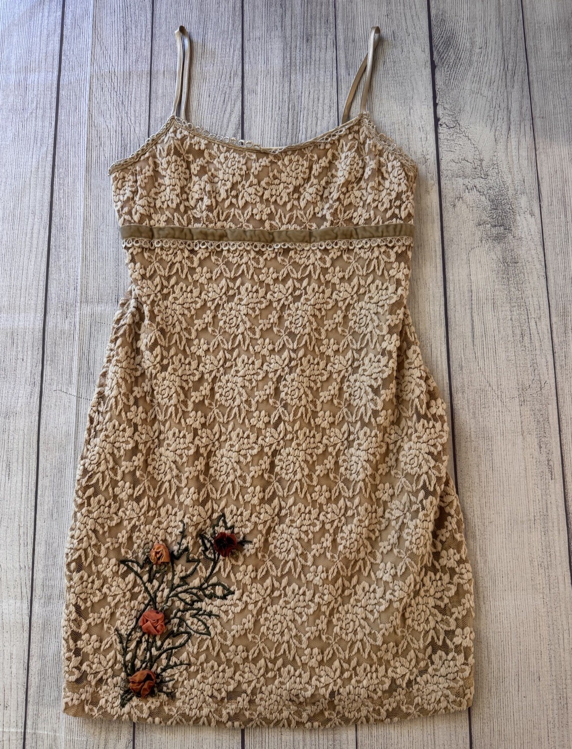 Sue Wong Vintage Lace Mini Dress P Petite Beige Floral Embroidered Roses Y2K