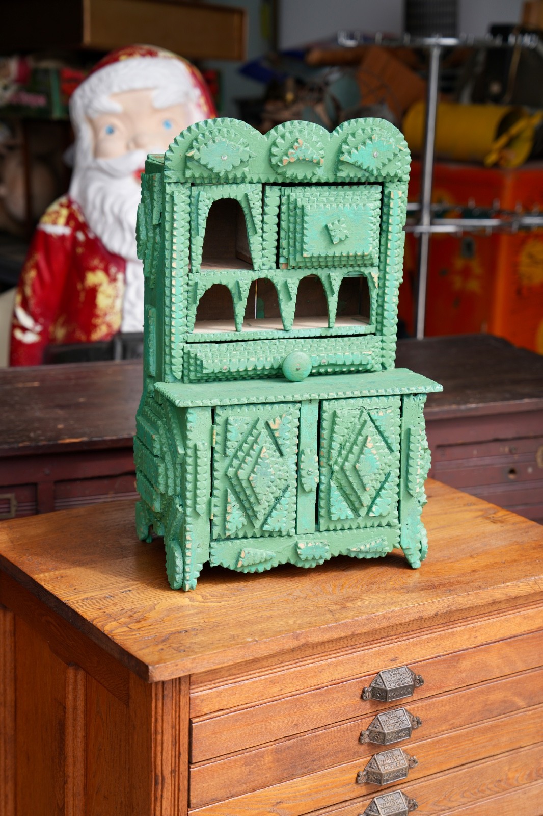 Antique Tramp Art Wooden Apothecary Cabinet Folk Art Vintage Green Cupboard Antique Tramp Art Wooden Apothecary Cabinet Folk Art Vintage Green Cupboard