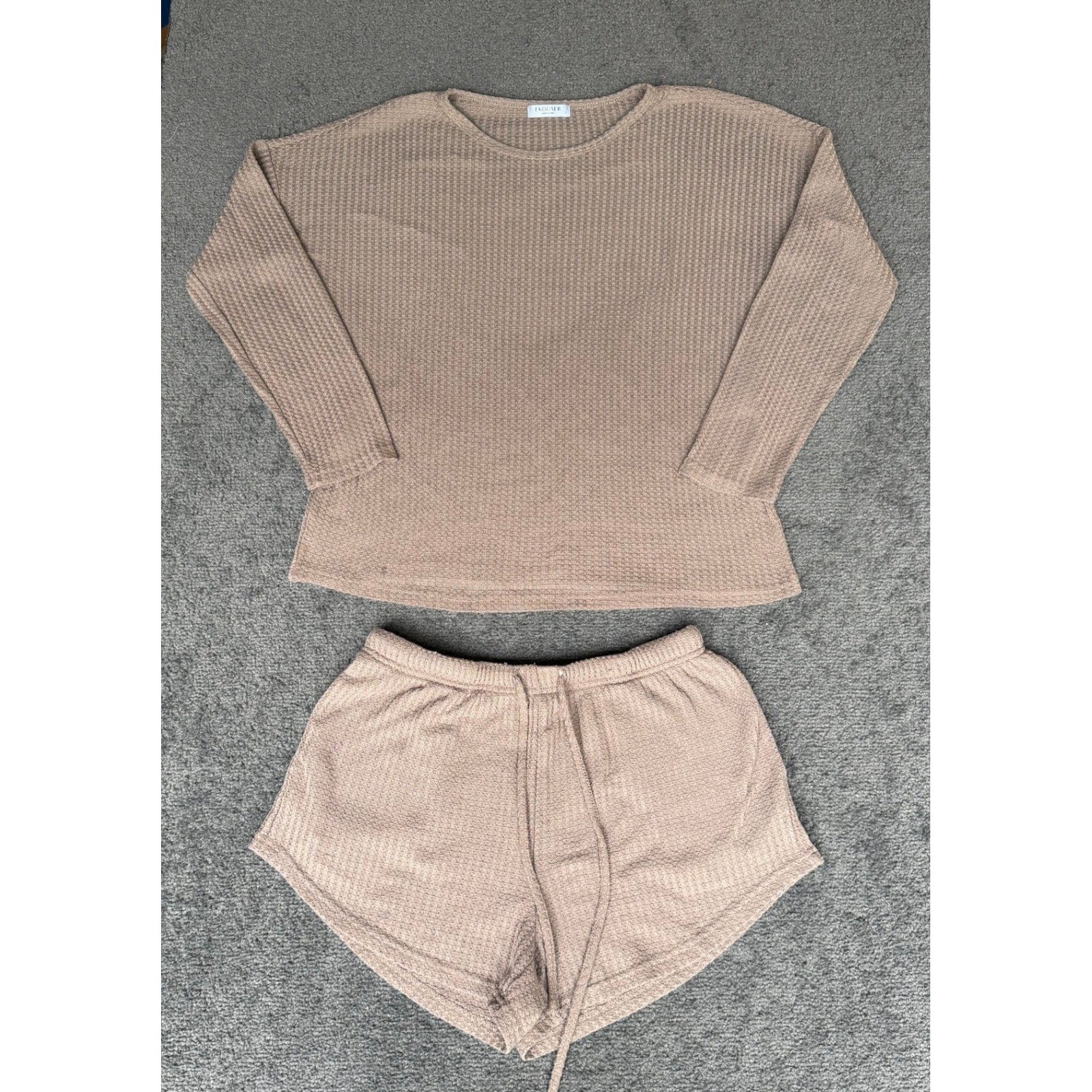 Ekouaer Womens Waffle Knit Lounge Set Taupe Brown Long Sleeve Shorts Size S