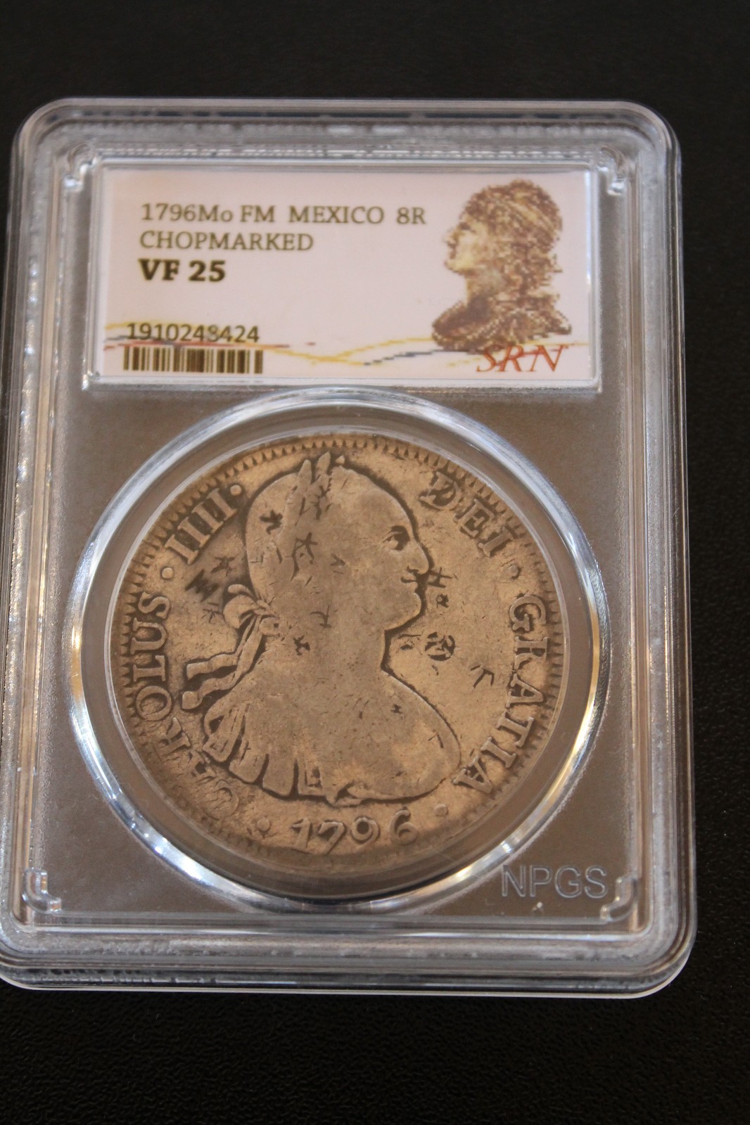 1796 Mexico 8 Reales, VF25, Mo FM, VF 25, Chop-marked Mexican SRN Slab Certified