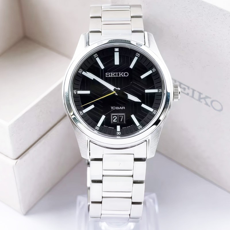 Seiko Essentials SUR535 Men\'s Watch Black Quartz Textured Dial 39.5mm New