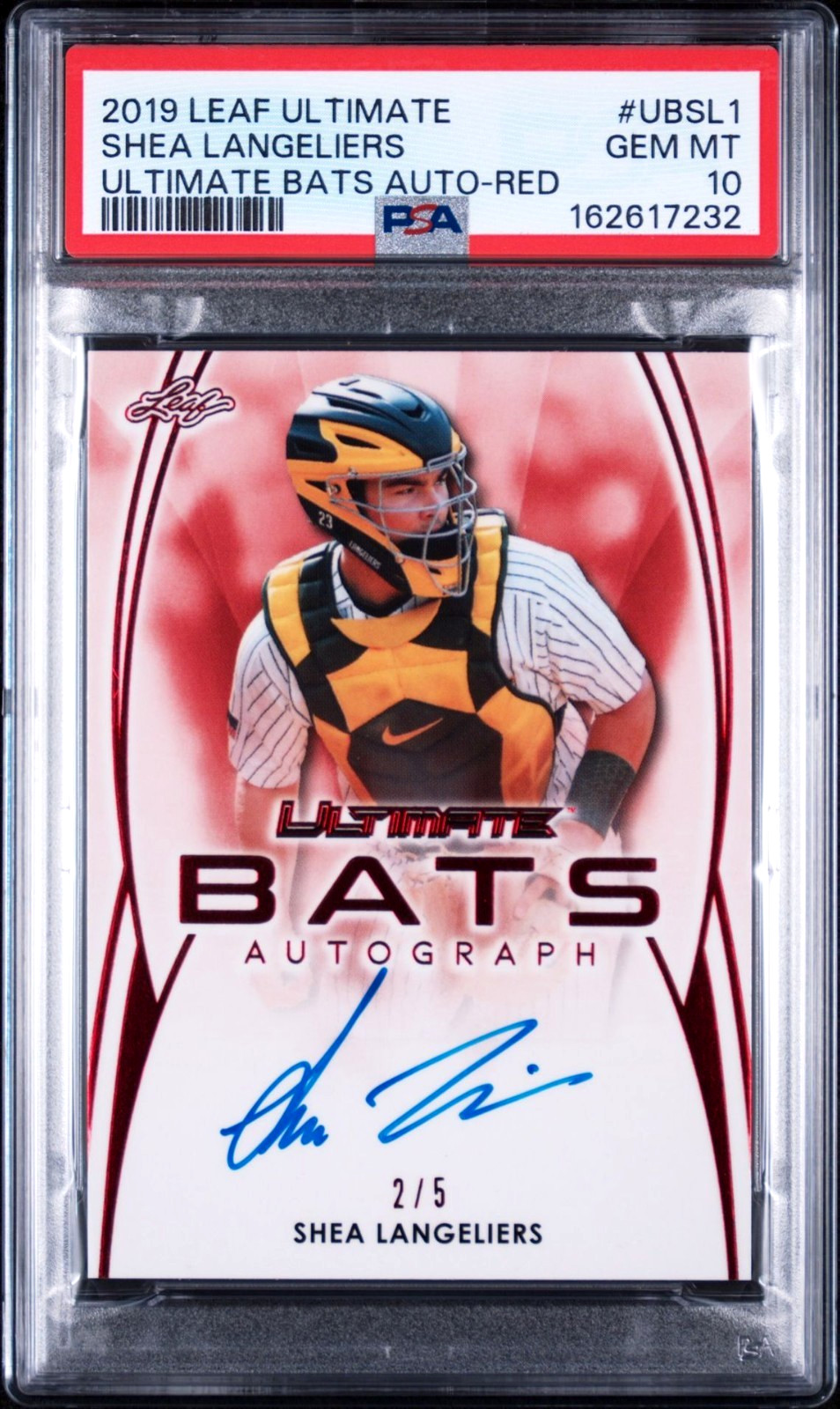 SHEA LANGELIERS 2019 LEAF ULTIMATE BATS RED /5 ON CARD RC AUTO GEM PSA 10